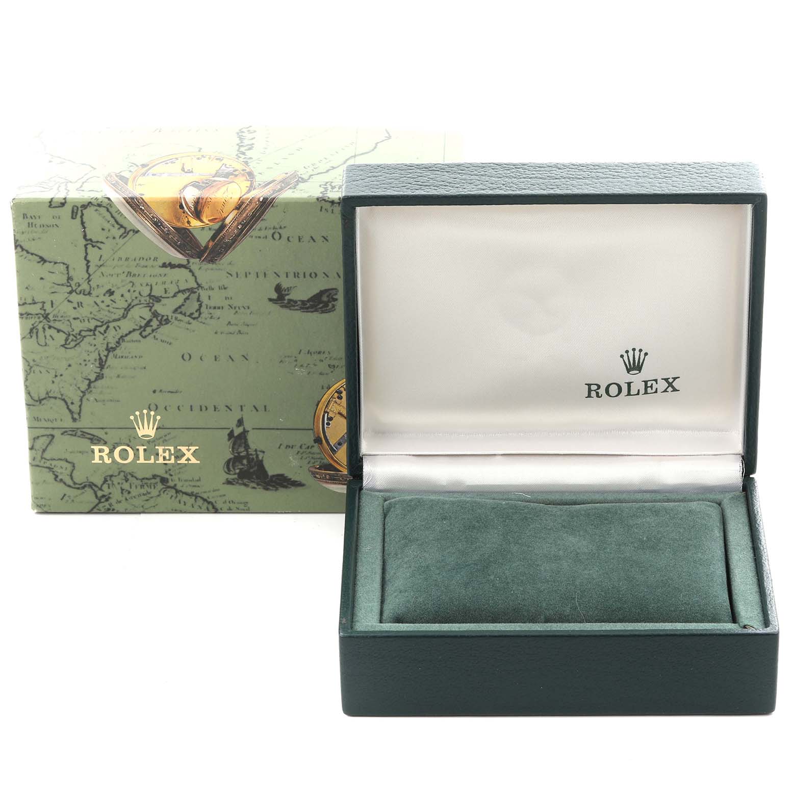 The image shows an open Rolex Oyster Perpetual 76080 Women's Stainless Steel Black Dial 76080 Women's Stainless Steel Black Dial watch box and a decorative outer box from a frontal angle.