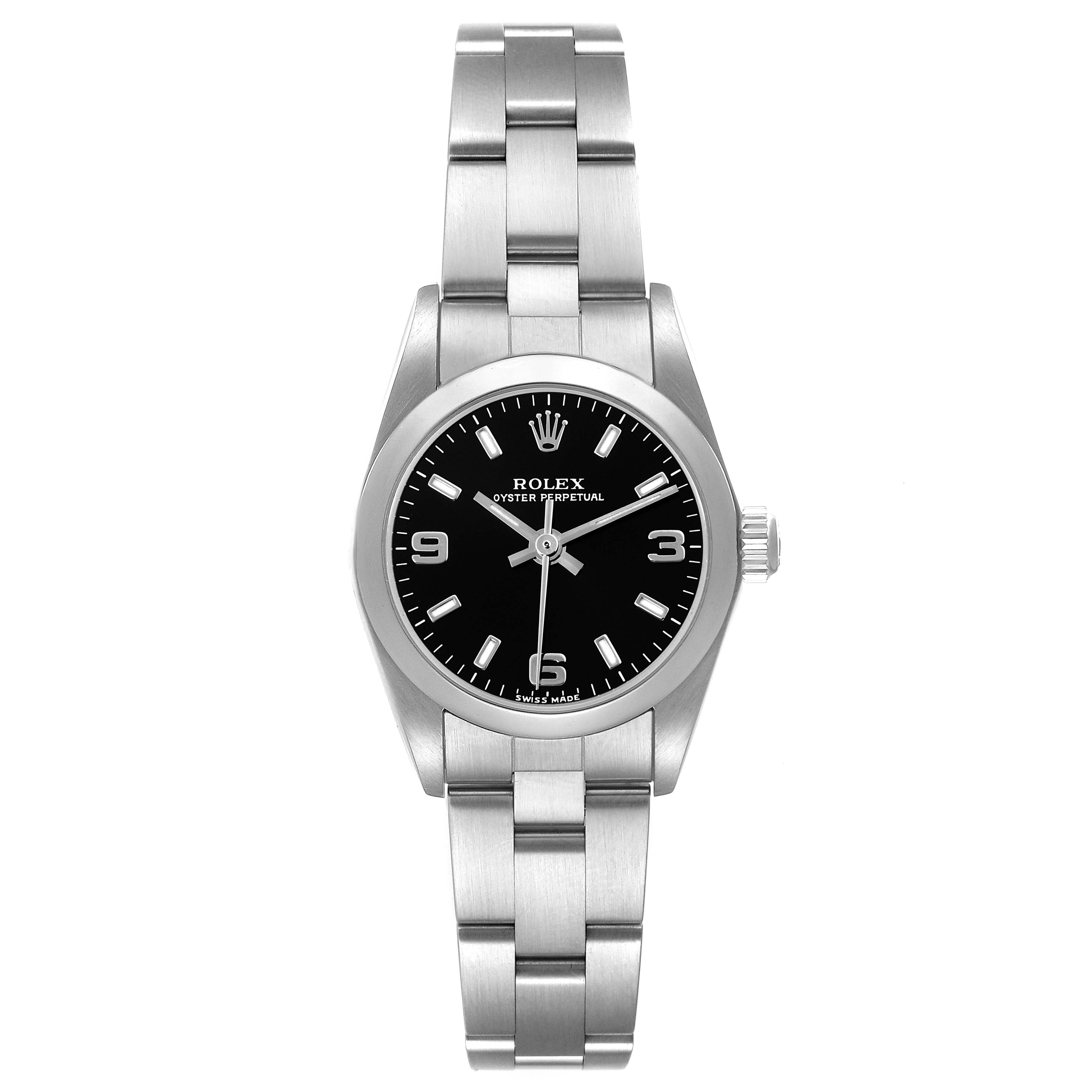 This image shows a frontal view of the Rolex Oyster Perpetual 76080 Women's Stainless Steel Black Dial 76080 Women's Stainless Steel Black Dial, highlighting the dial, bezel, and metal bracelet.