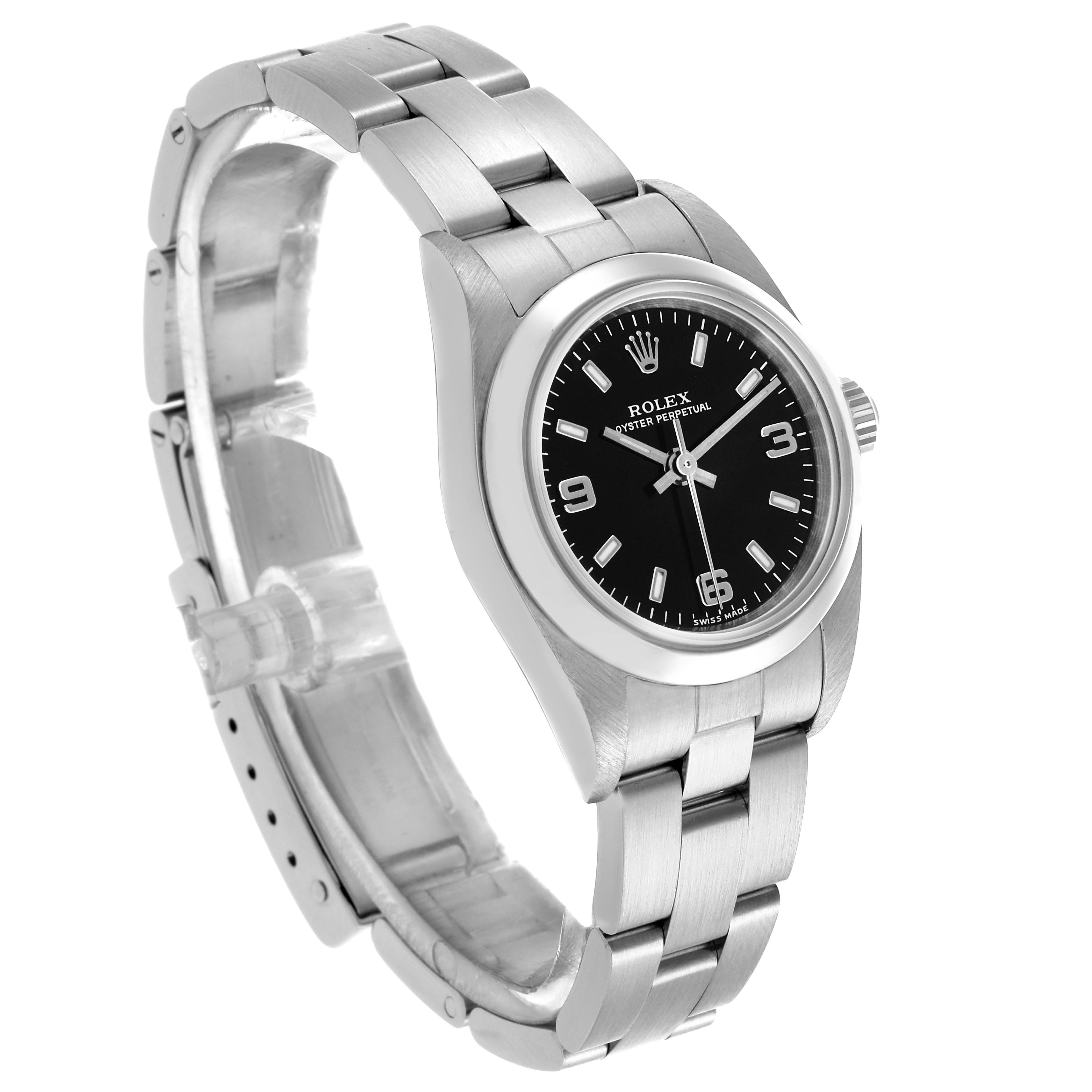 The Rolex Oyster Perpetual 76080 Women's Stainless Steel Black Dial 76080 Women's Stainless Steel Black Dial watch is shown at a slight angle, highlighting the face, bezel, and bracelet.
