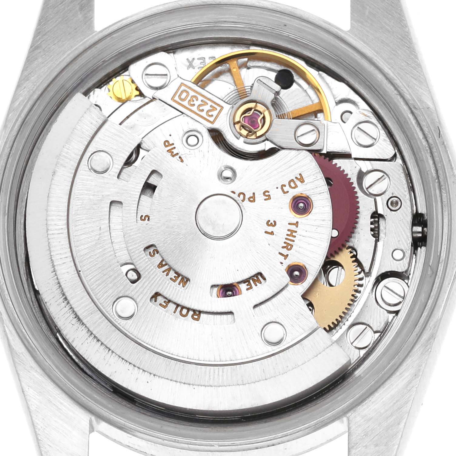 The image shows the movement and inner mechanics of the Rolex Oyster Perpetual 76080 Women's Stainless Steel Black Dial 76080 Women's Stainless Steel Black Dial watch from a back view.