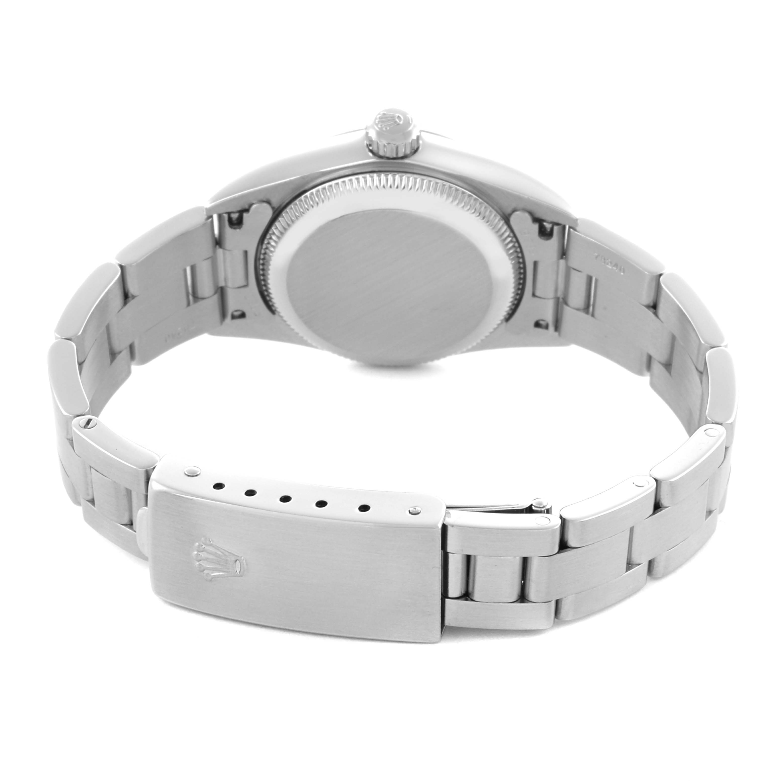 The image shows the back view of a Rolex Oyster Perpetual 76080 Women's Stainless Steel Black Dial 76080 Women's Stainless Steel Black Dial watch, highlighting the case back, crown, and bracelet clasp.