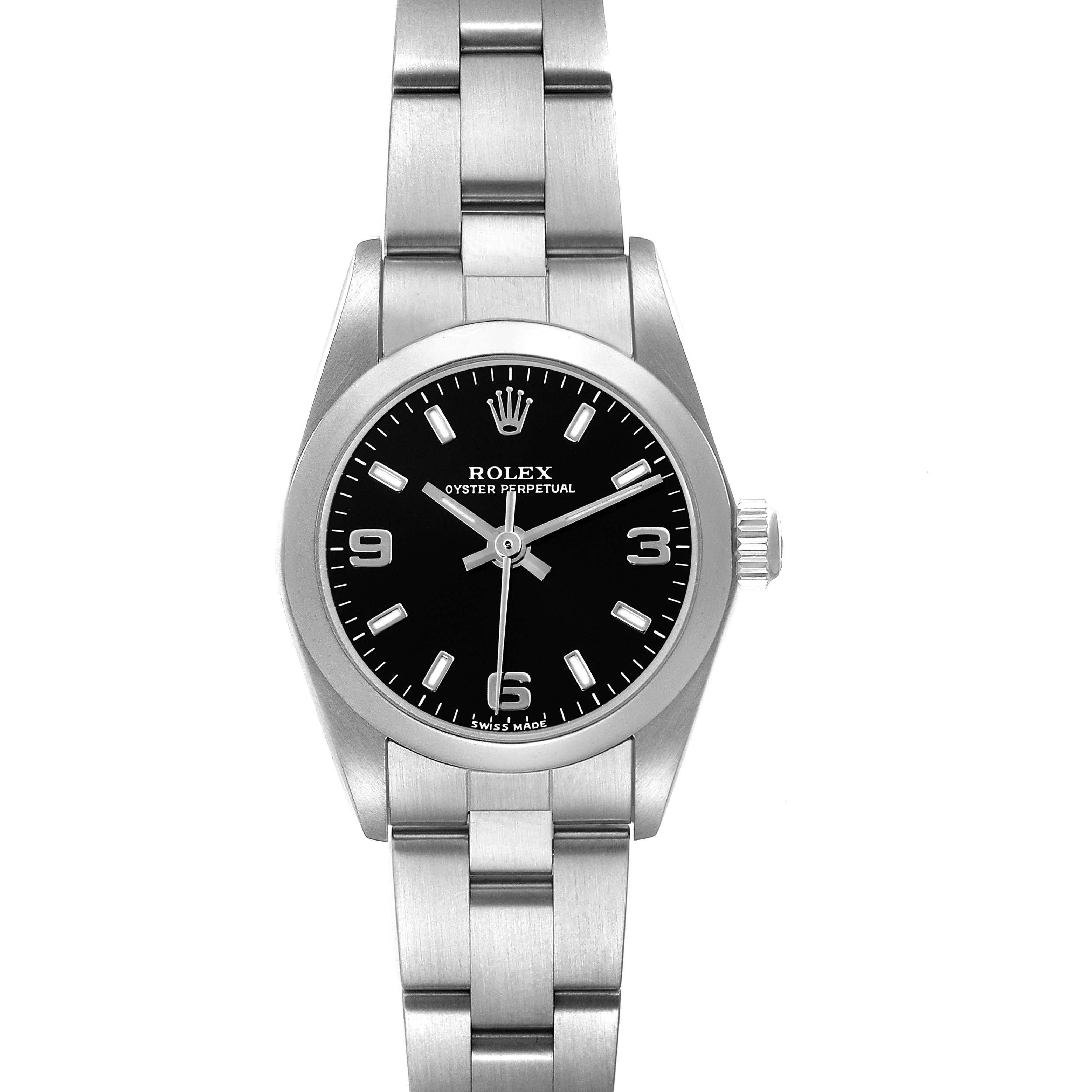 The Rolex Oyster Perpetual 76080 Women's Stainless Steel Black Dial 76080 Women's Stainless Steel Black Dial watch is shown from the front, displaying the face, case, and bracelet clearly.