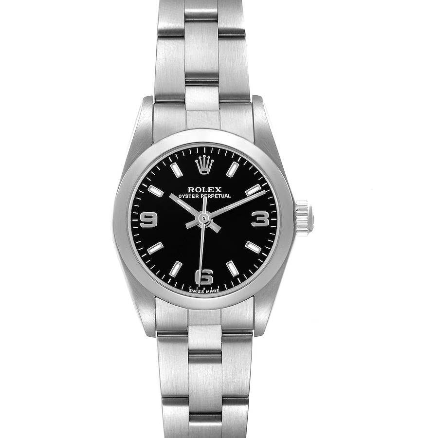 The Rolex Oyster Perpetual watch is shown from the front, displaying the face, case, and bracelet clearly.