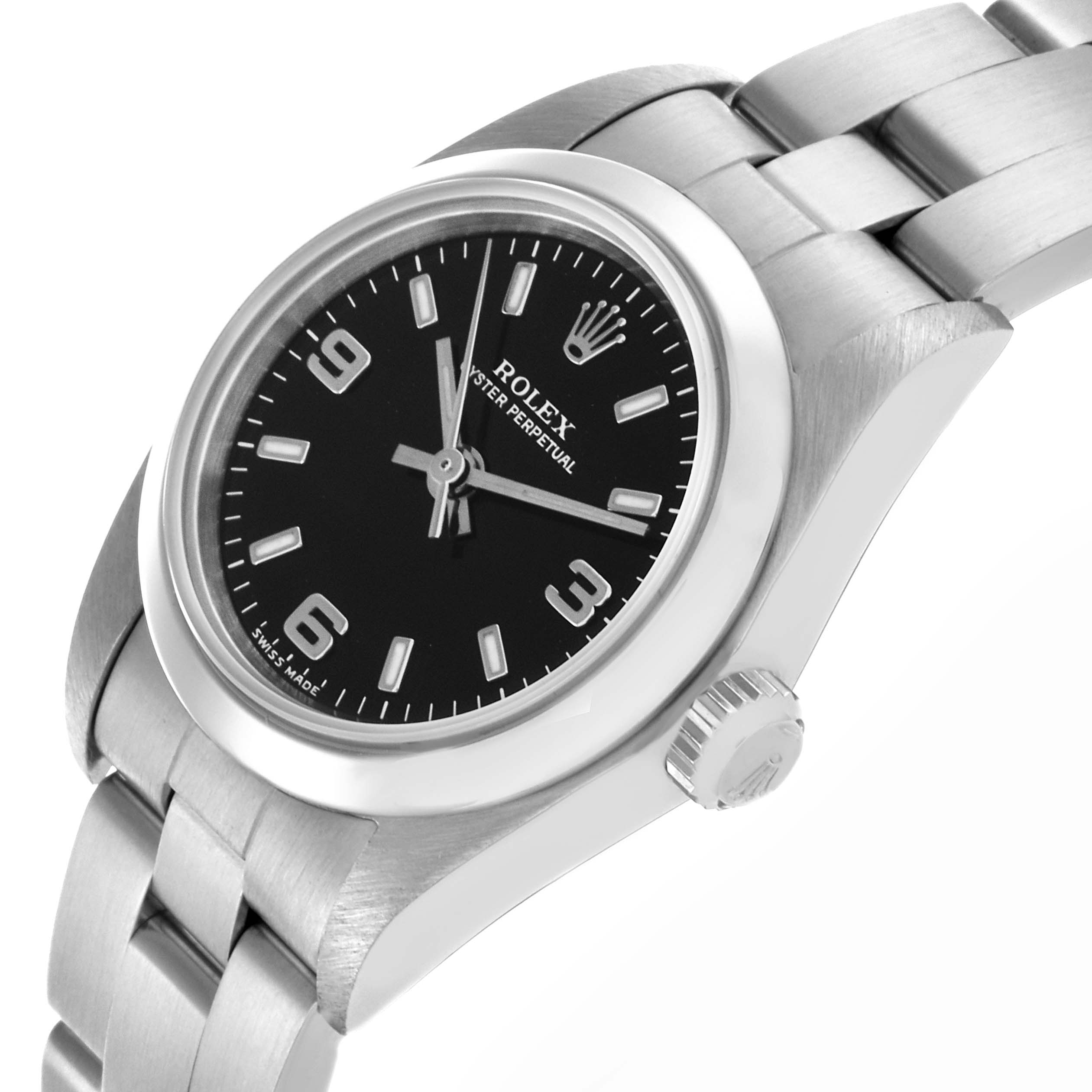 The Rolex Oyster Perpetual 76080 Women's Stainless Steel Black Dial 76080 Women's Stainless Steel Black Dial watch is shown at an angle, highlighting the dial, bezel, crown, and bracelet.