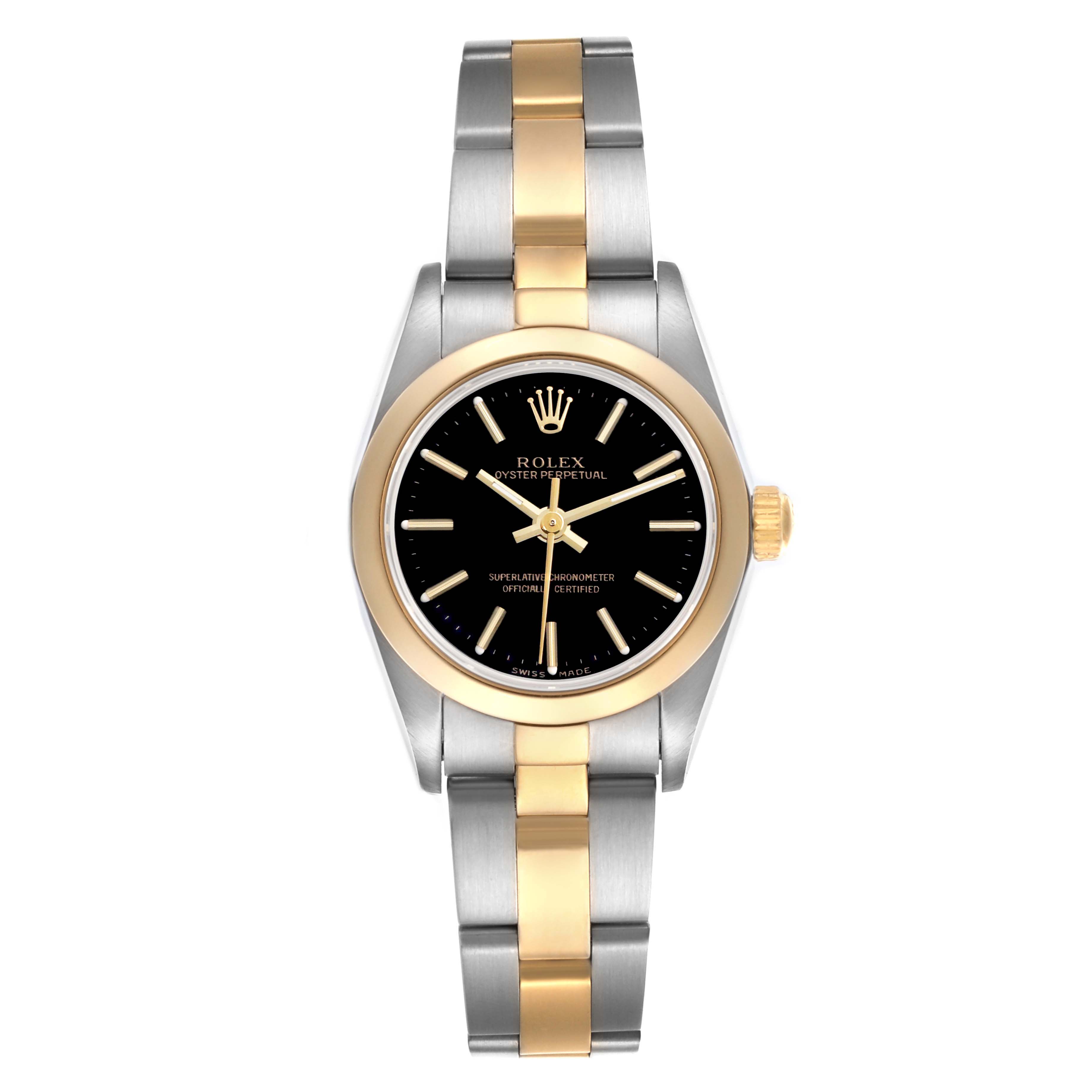 The Rolex Datejust 76183 Women's Steel and Gold (two tone) Black Dial 76183 Women's Steel and Gold (two tone) Black Dial watch is shown from a top-down angle, highlighting the dial, bezel, and two-tone bracelet.