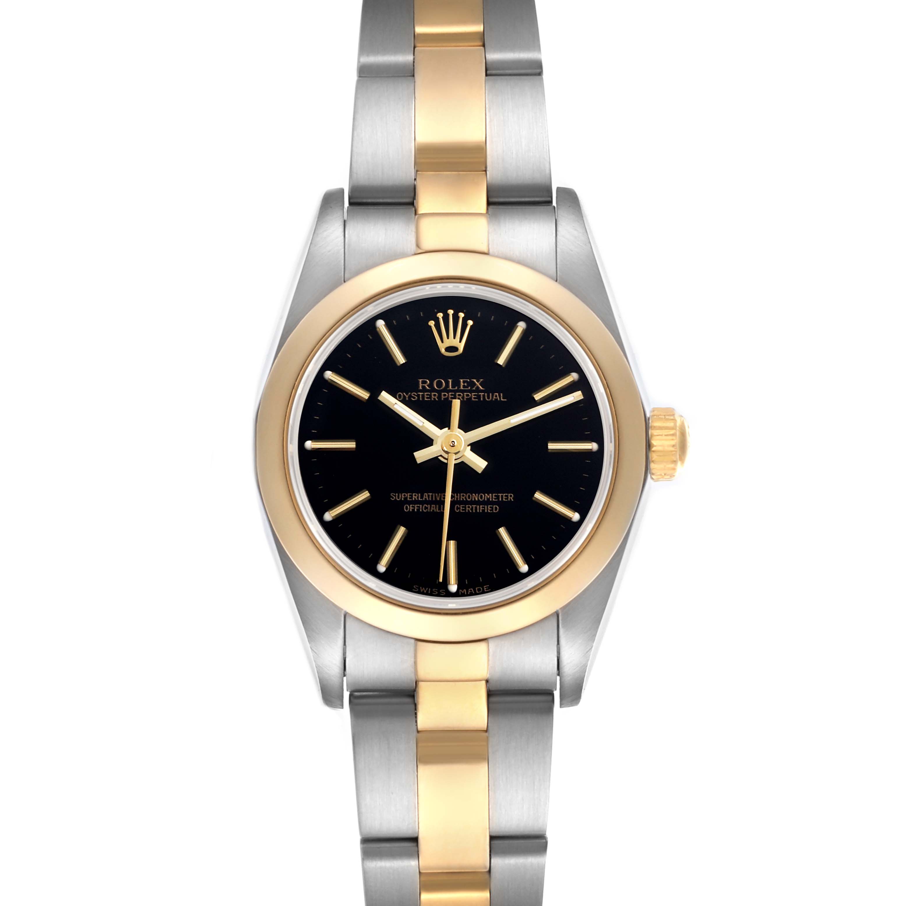 The Rolex Datejust 76183 Women's Steel and Gold (two tone) Black Dial 76183 Women's Steel and Gold (two tone) Black Dial watch is shown from a top view, displaying the dial, bezel, crown, and part of the bracelet.