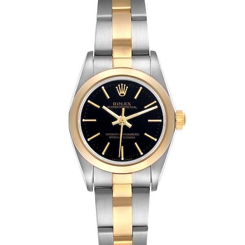 The Rolex Datejust watch is shown from a top-down angle, highlighting the black dial, gold bezel, and two-tone bracelet.