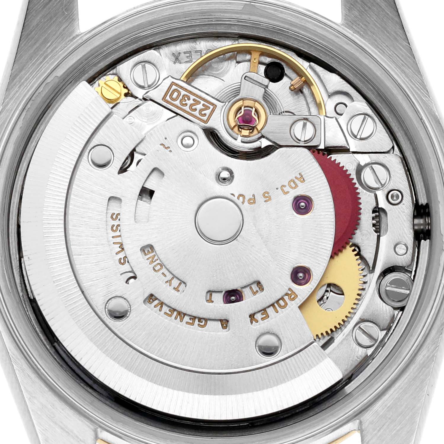 The image shows the movement of a Rolex Datejust 76183 Women's Steel and Gold (two tone) Black Dial 76183 Women's Steel and Gold (two tone) Black Dial watch from a top-down angle, highlighting its automatic mechanism.