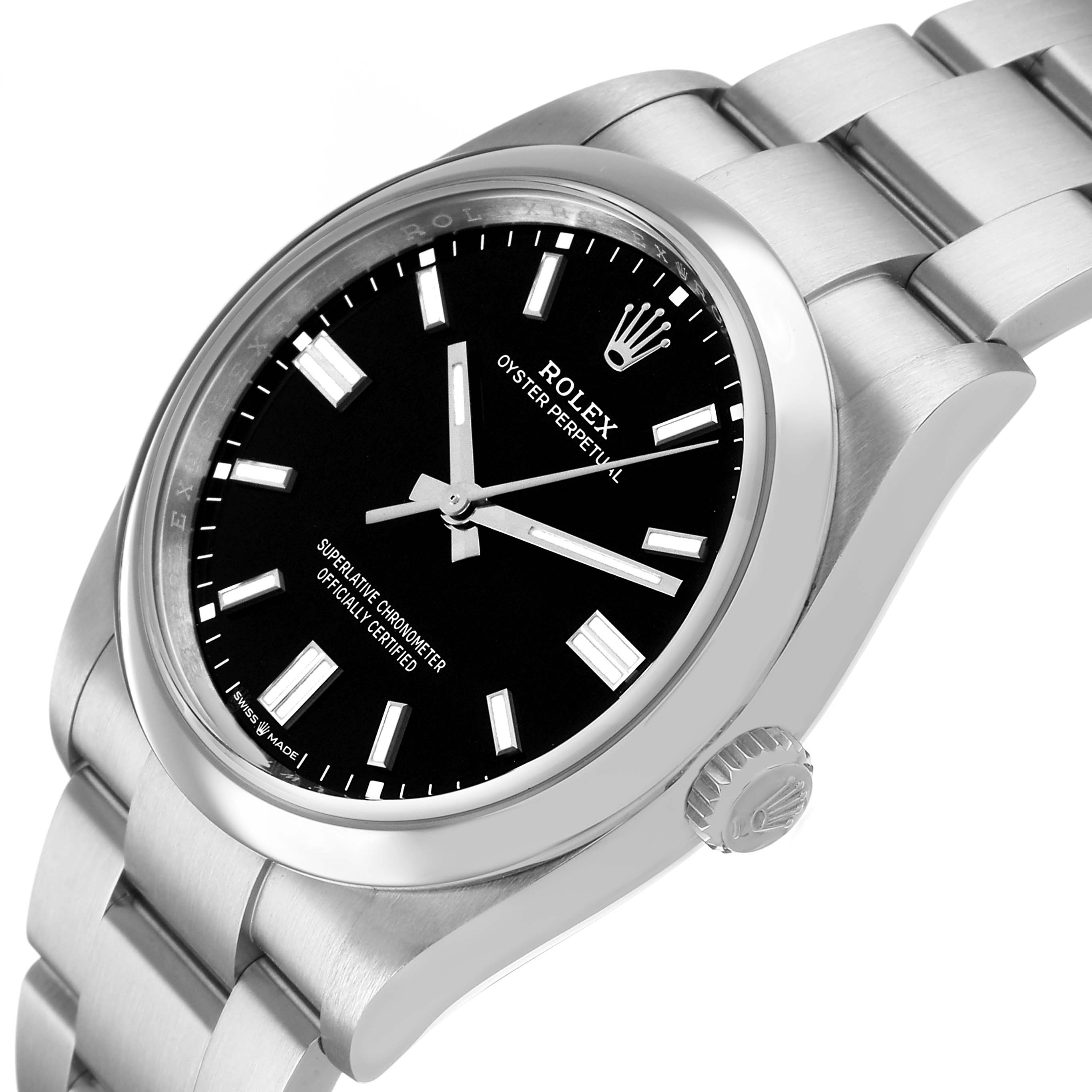 The Rolex Oyster Perpetual 126000 Men's Stainless Steel Black Dial watch is shown at a slight side angle, highlighting the dial, bezel, crown, and bracelet.