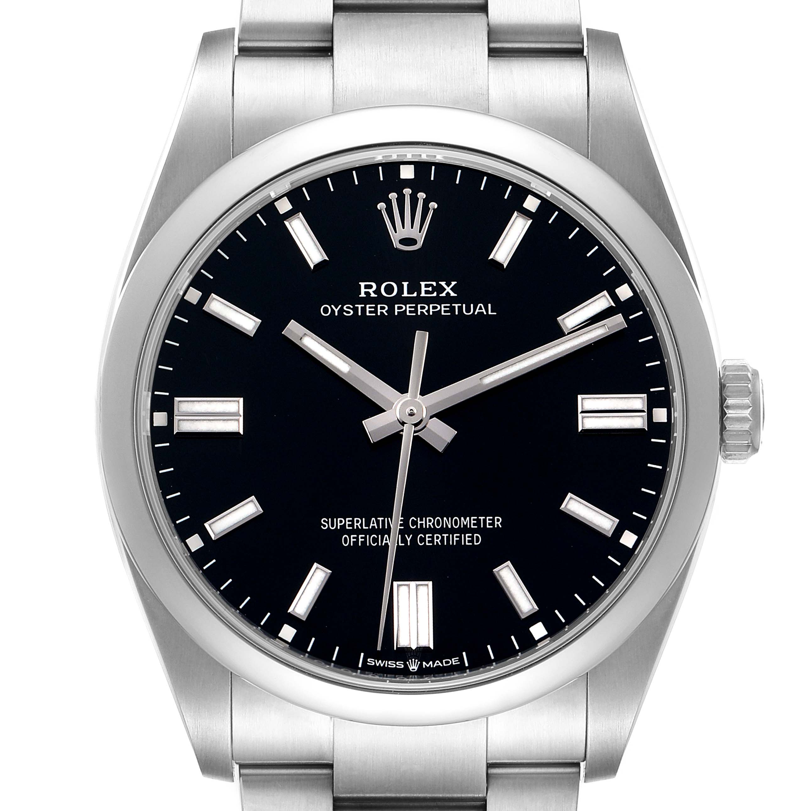 The image shows a Rolex Oyster Perpetual 126000 Men's Stainless Steel Black Dial watch from a front angle, displaying its dial, crown, case, and part of the bracelet.