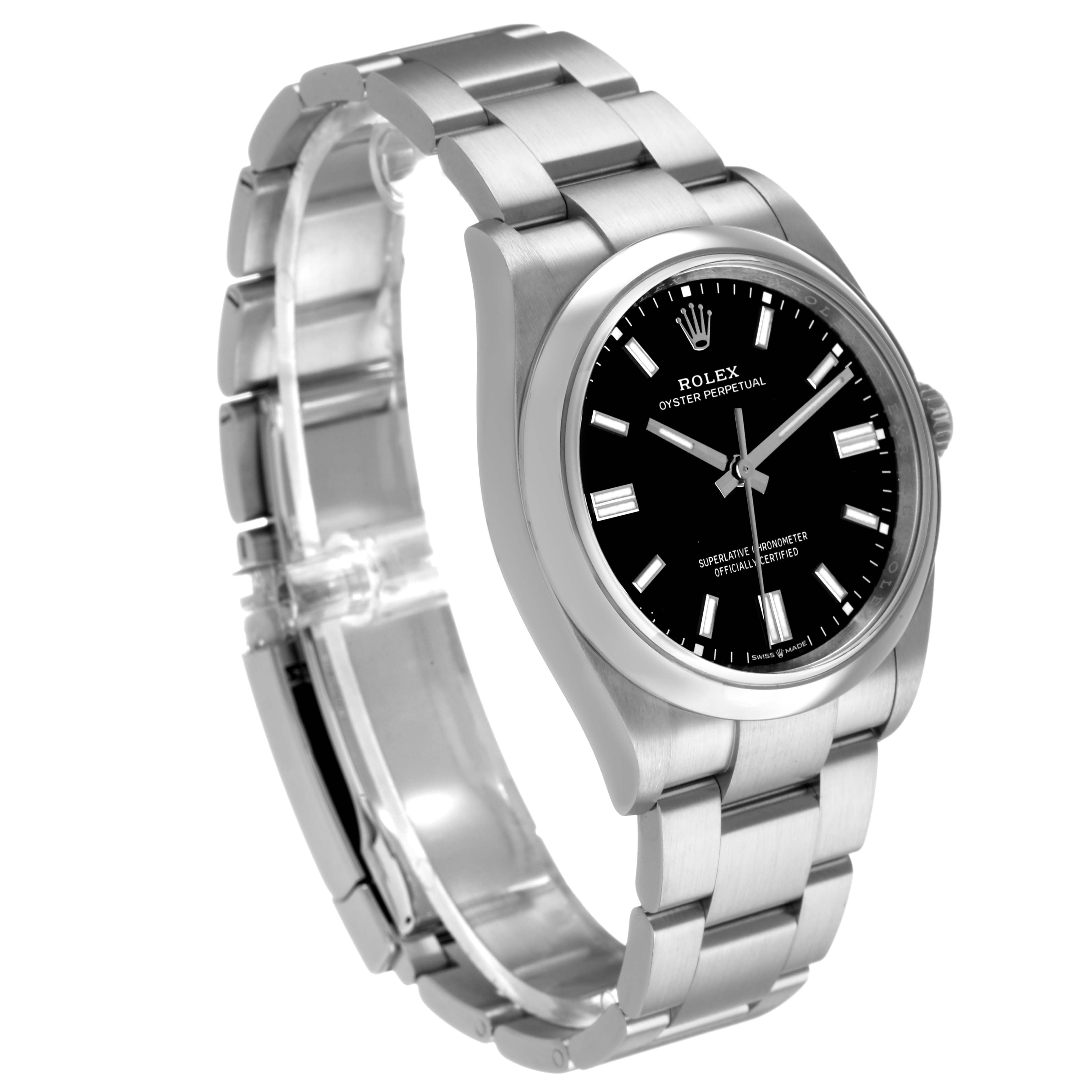 The Rolex Oyster Perpetual 126000 Men's Stainless Steel Black Dial watch is shown at a slight angle, displaying the face, bezel, and part of the bracelet.