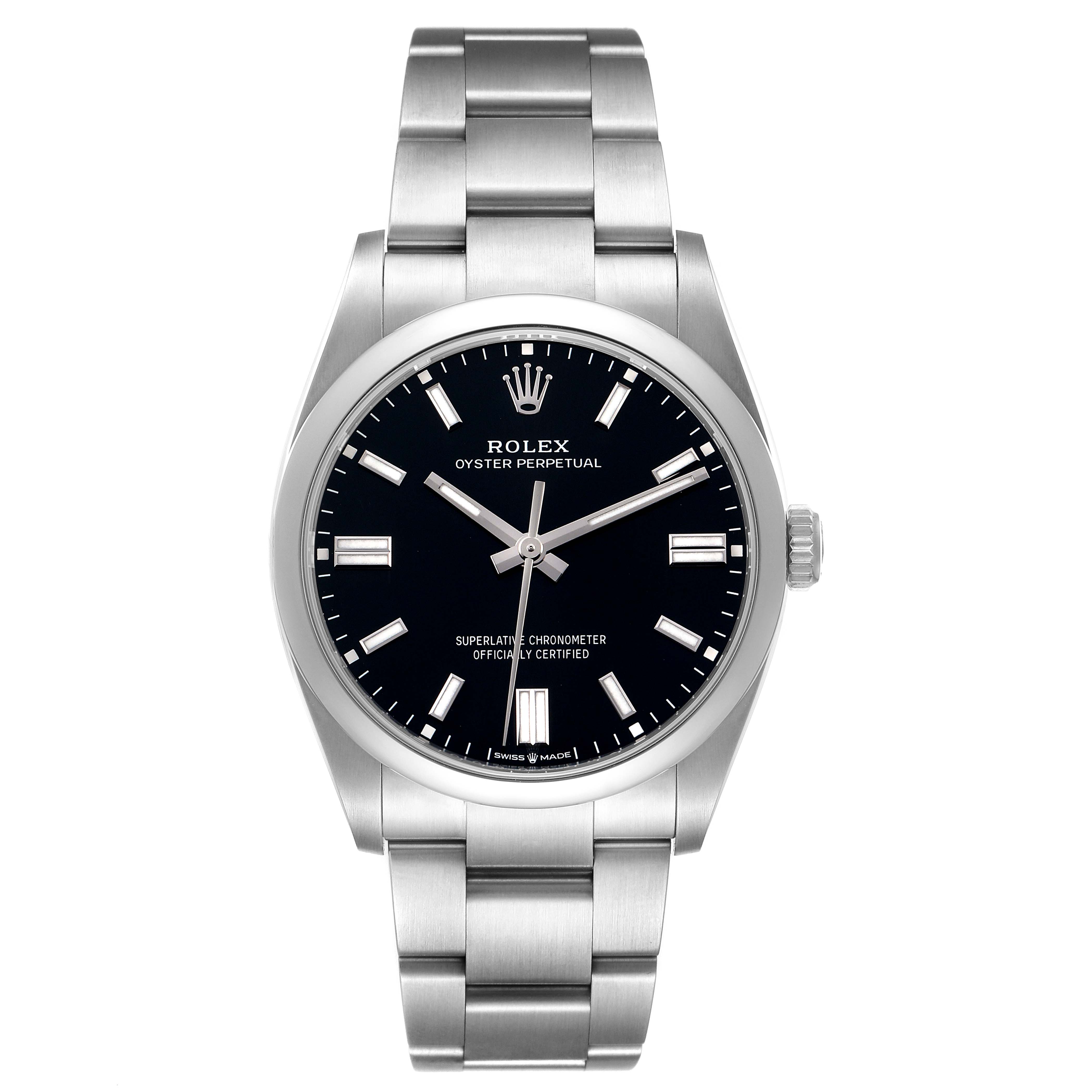 The Rolex Oyster Perpetual 126000 Men's Stainless Steel Black Dial watch is shown from a front angle, displaying the face, bracelet, and crown.