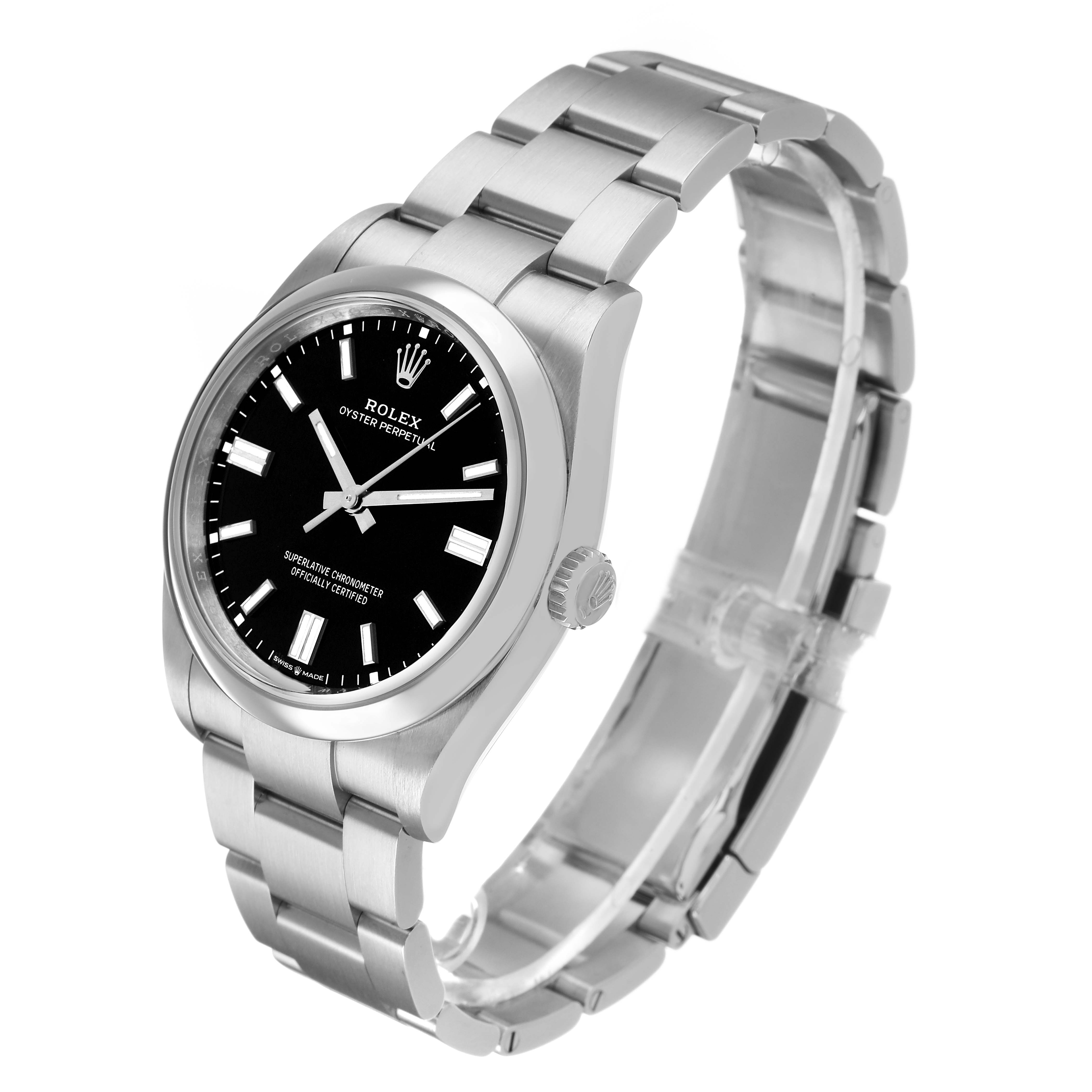 The Rolex Oyster Perpetual 126000 Men's Stainless Steel Black Dial watch is shown at a three-quarter angle, highlighting the face, bezel, and bracelet.