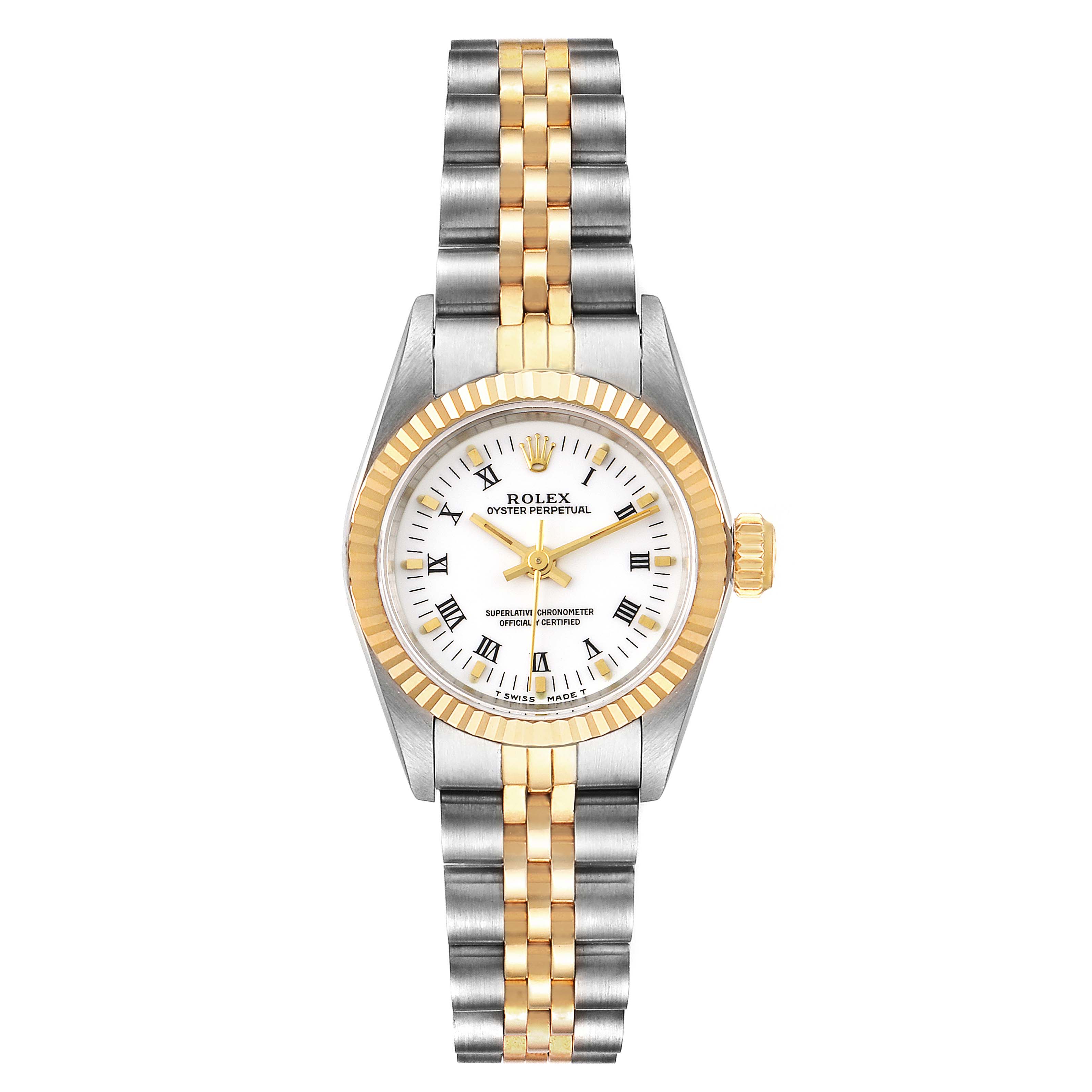 The image shows a front view of a Rolex Oyster Perpetual 67193 Women's Steel and Gold (two tone) White Dial 67193 Women's Steel and Gold (two tone) White Dial watch featuring a gold and stainless steel bracelet and bezel.