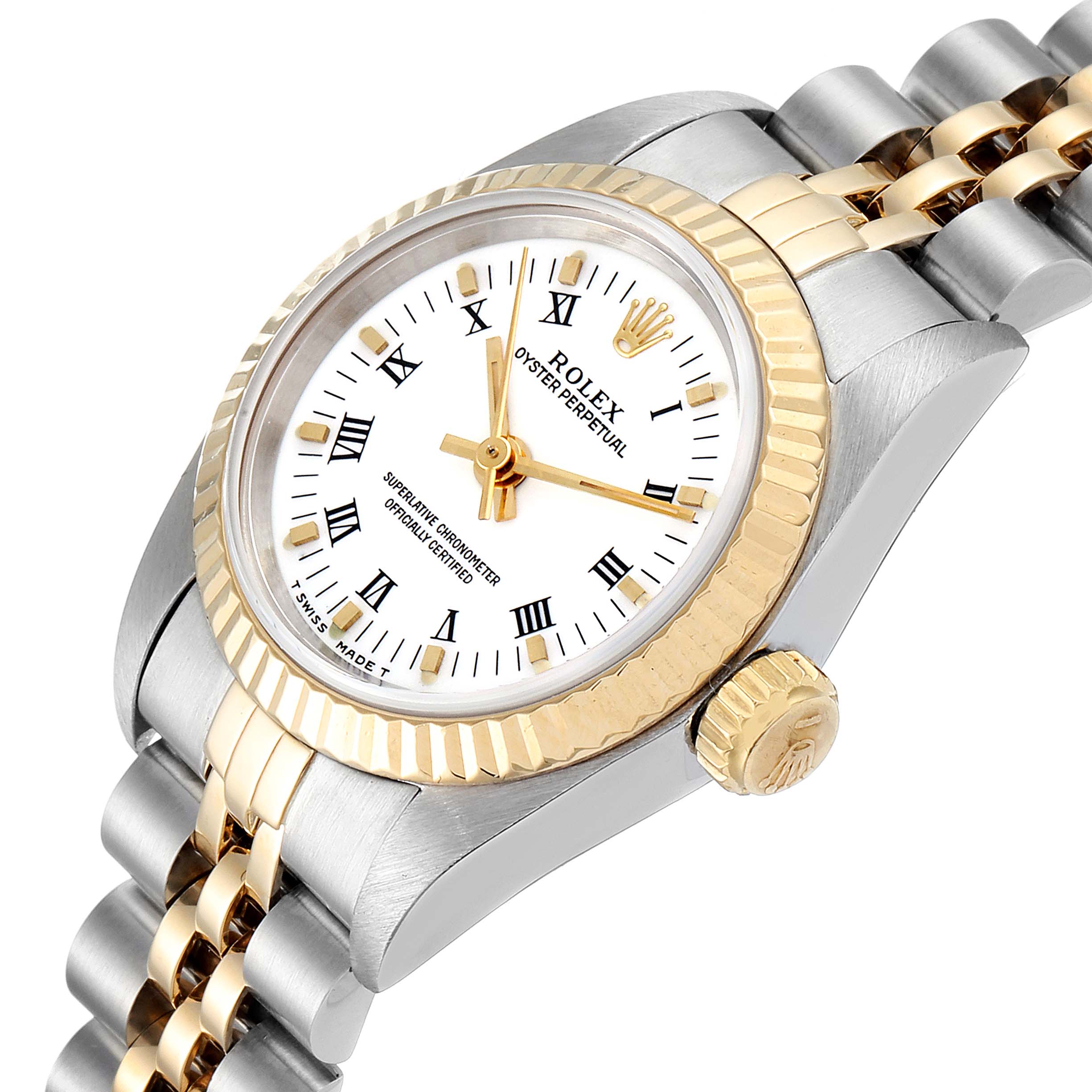 The image shows a Rolex Oyster Perpetual 67193 Women's Steel and Gold (two tone) White Dial 67193 Women's Steel and Gold (two tone) White Dial watch from a close-up angle, highlighting the dial, bezel, crown, and part of the bracelet.