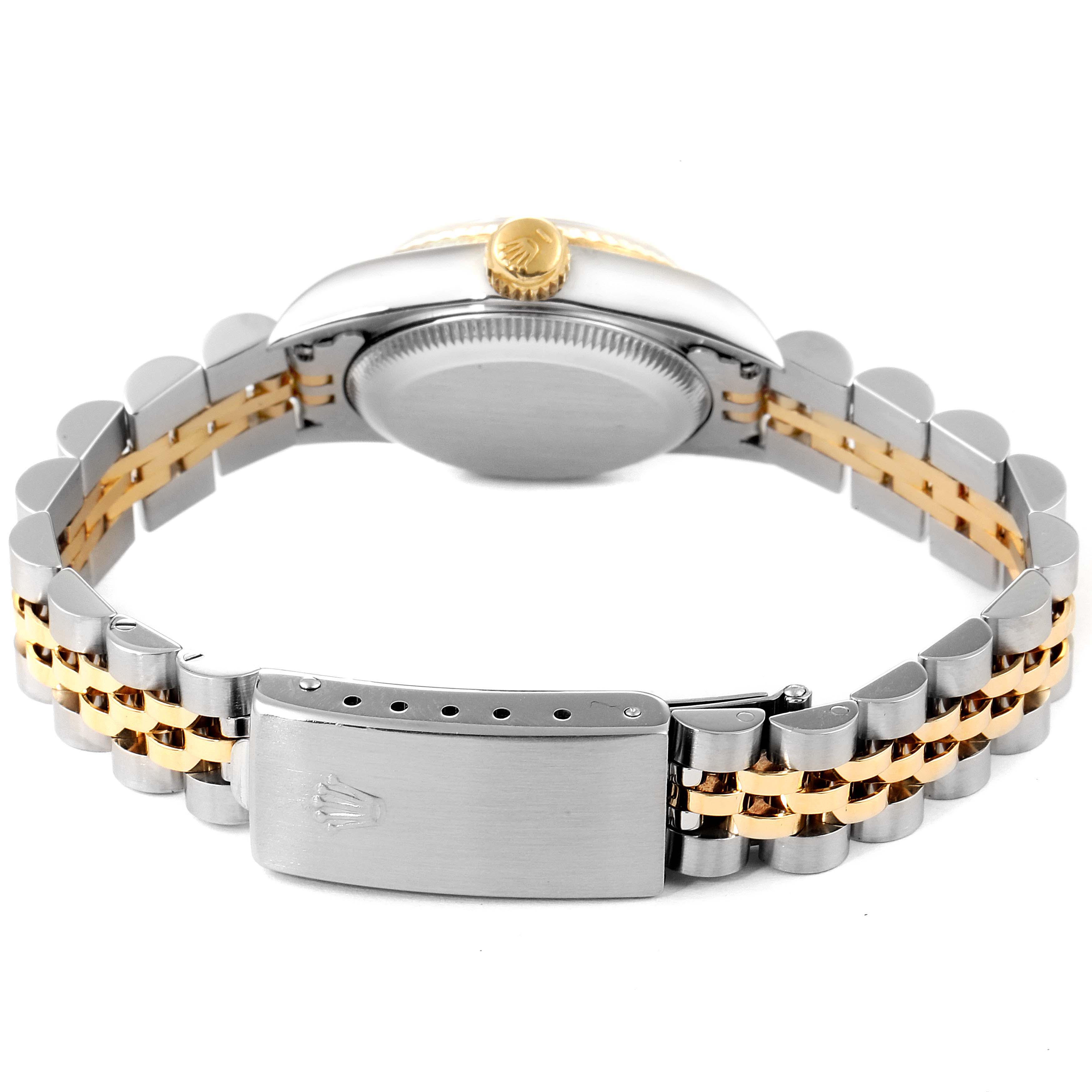 The image shows the back view of the Rolex Oyster Perpetual 67193 Women's Steel and Gold (two tone) White Dial 67193 Women's Steel and Gold (two tone) White Dial watch, featuring the bracelet and clasp.