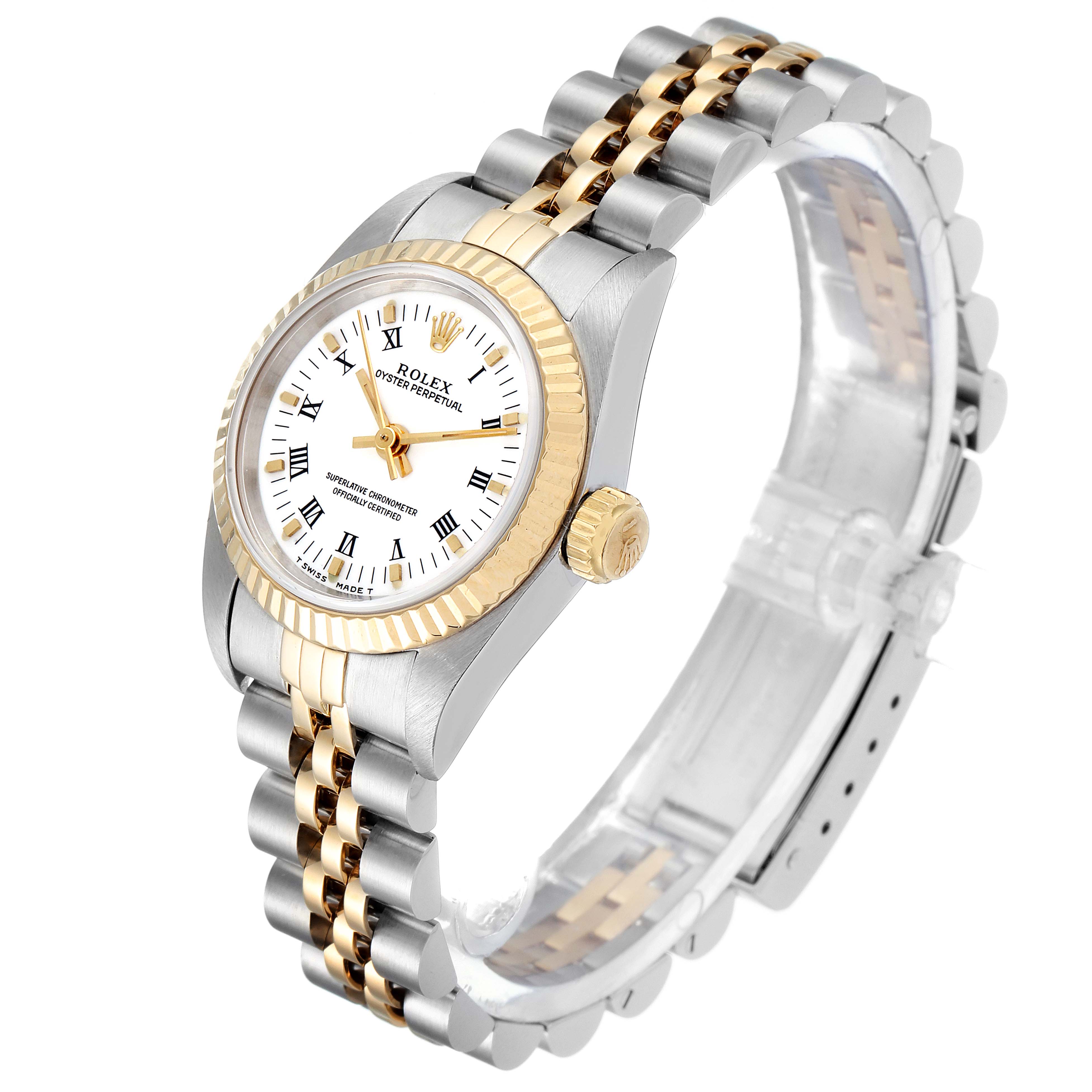 This image shows a Rolex Oyster Perpetual 67193 Women's Steel and Gold (two tone) White Dial 67193 Women's Steel and Gold (two tone) White Dial watch from an angled side view, highlighting its gold and silver two-tone bracelet and bezel.