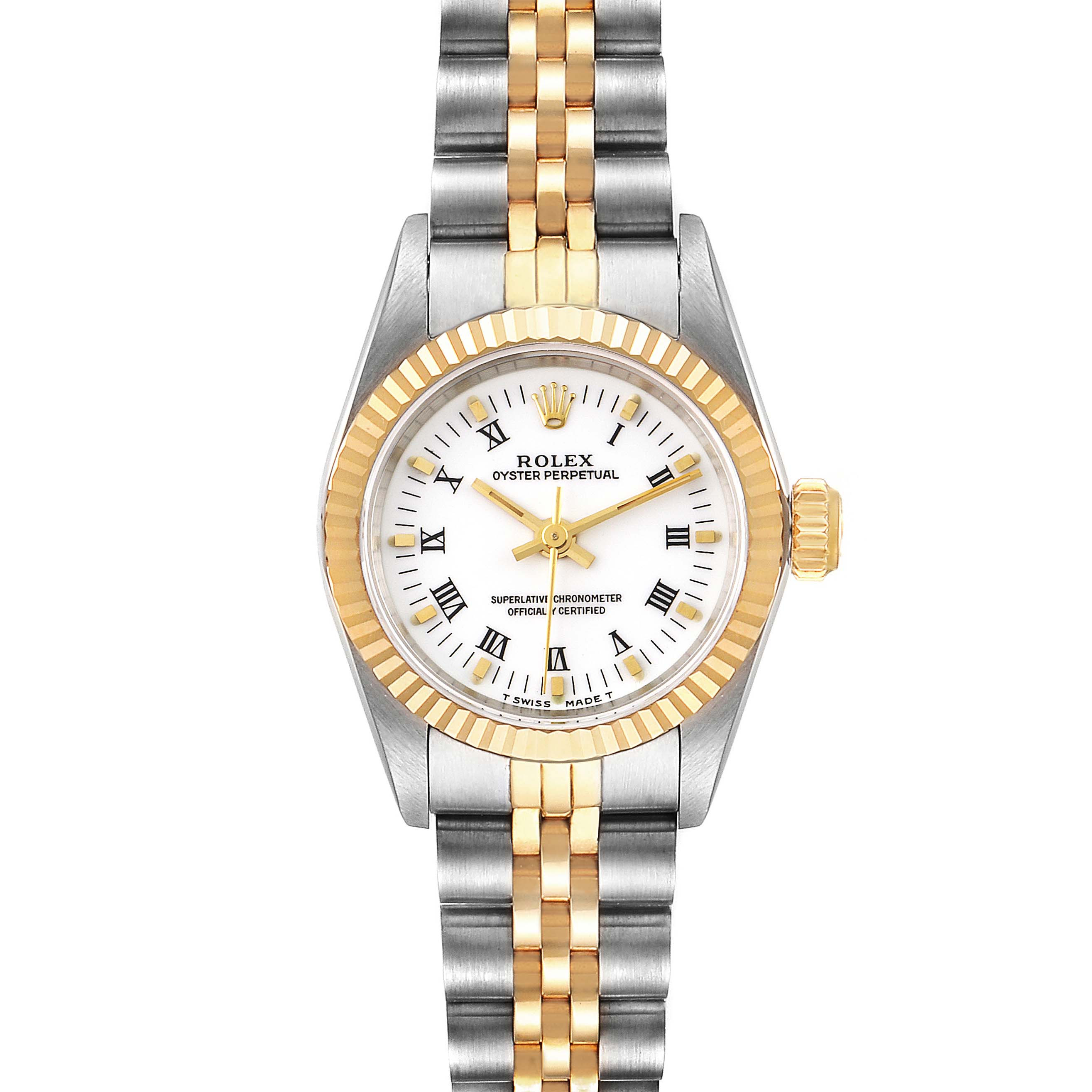 The image shows a front view of a Rolex Oyster Perpetual 67193 Women's Steel and Gold (two tone) White Dial 67193 Women's Steel and Gold (two tone) White Dial watch, featuring the face, bezel, and bracelet.