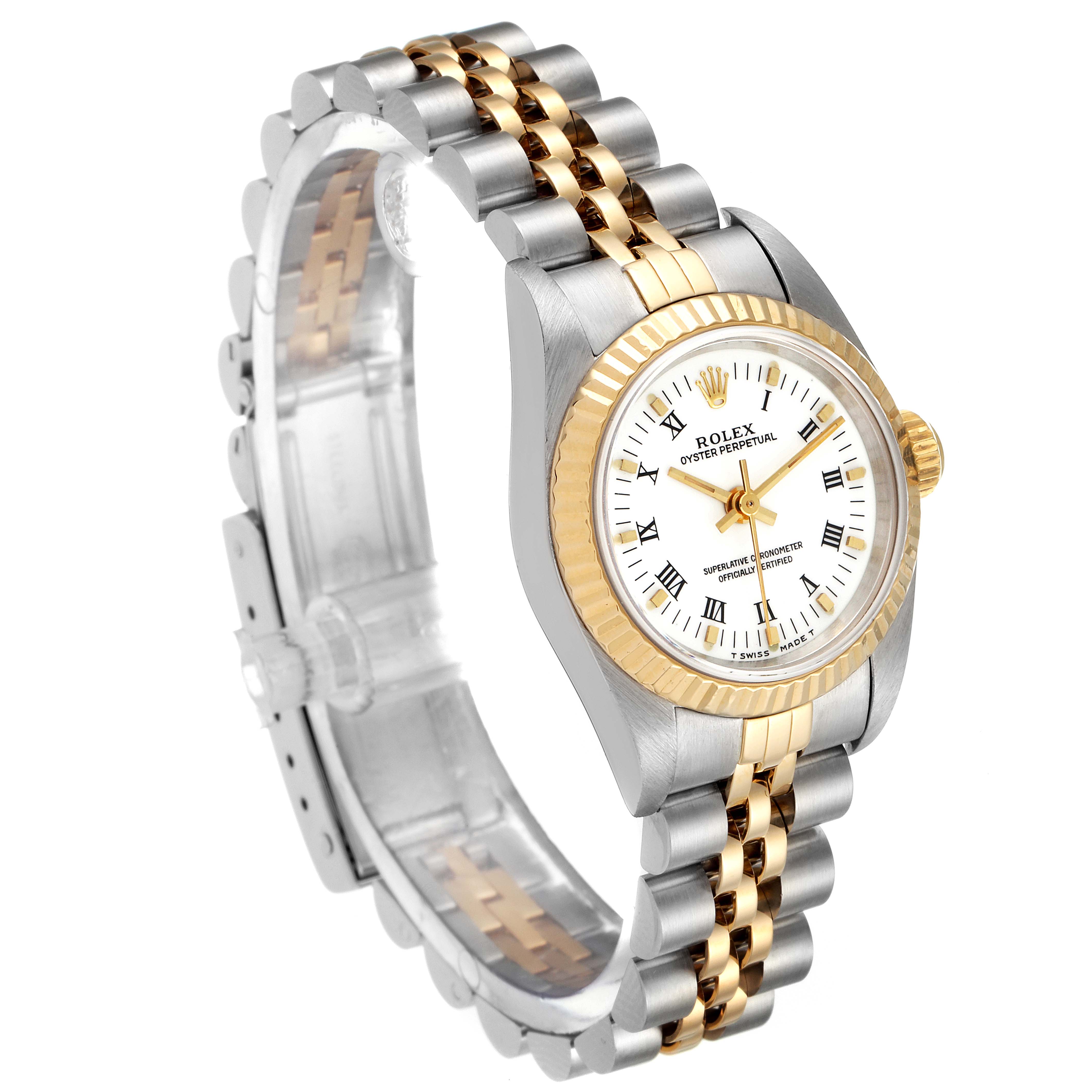This image shows a Rolex Oyster Perpetual 67193 Women's Steel and Gold (two tone) White Dial 67193 Women's Steel and Gold (two tone) White Dial watch at a three-quarter angle, displaying the face, bezel, and bracelet.