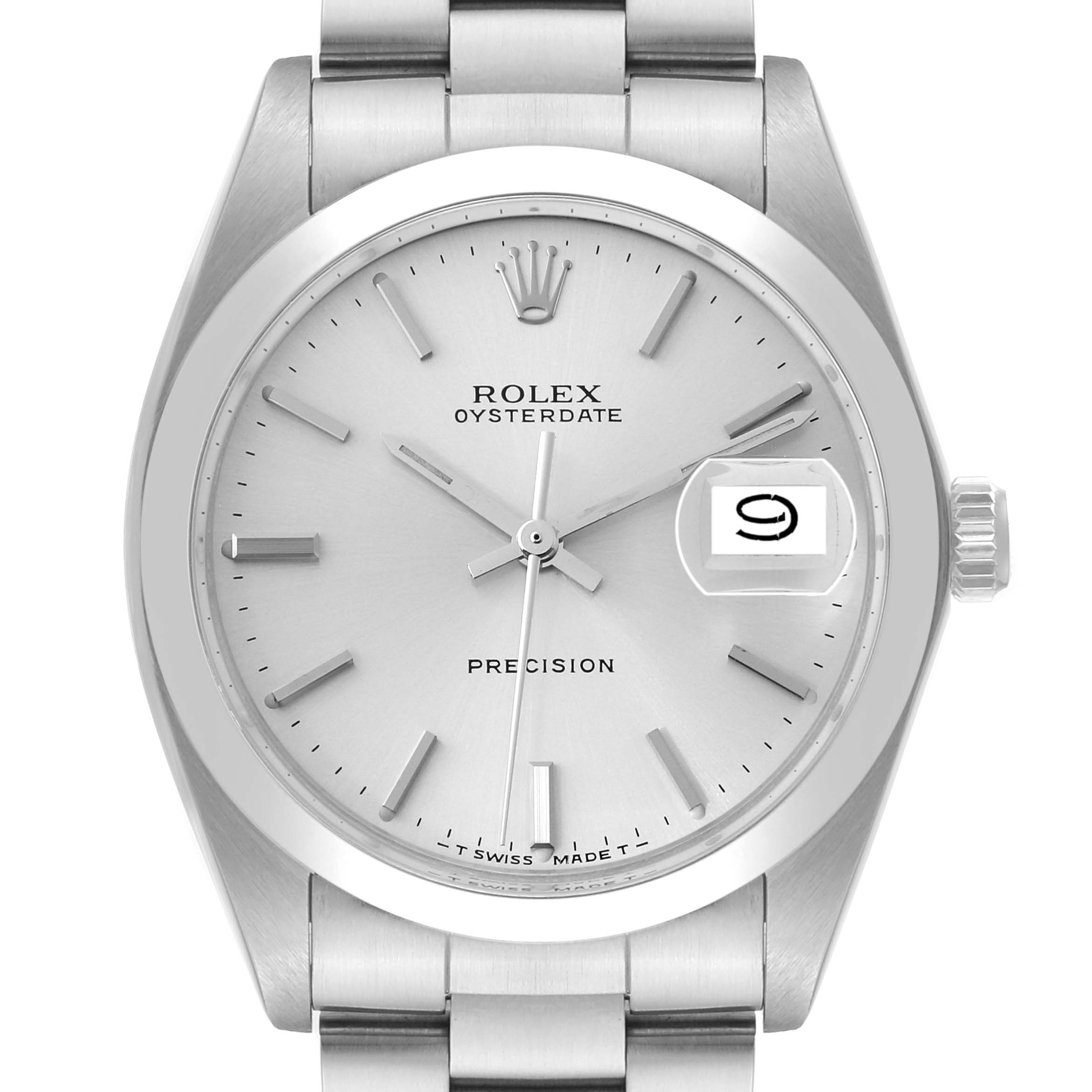 The Rolex Vintage Collection 6694 Men's Stainless Steel Silver Dial 6694 Men's Stainless Steel Silver Dial Oysterdate watch is shown from a front angle, displaying the dial, hands, date window, and part of the bracelet.