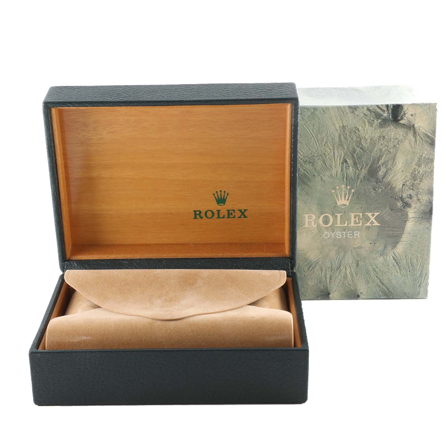 This image shows the open box for a Rolex Vintage Collection 6694 Men's Stainless Steel Silver Dial 6694 Men's Stainless Steel Silver Dial watch, with a cushion and the outer packaging.