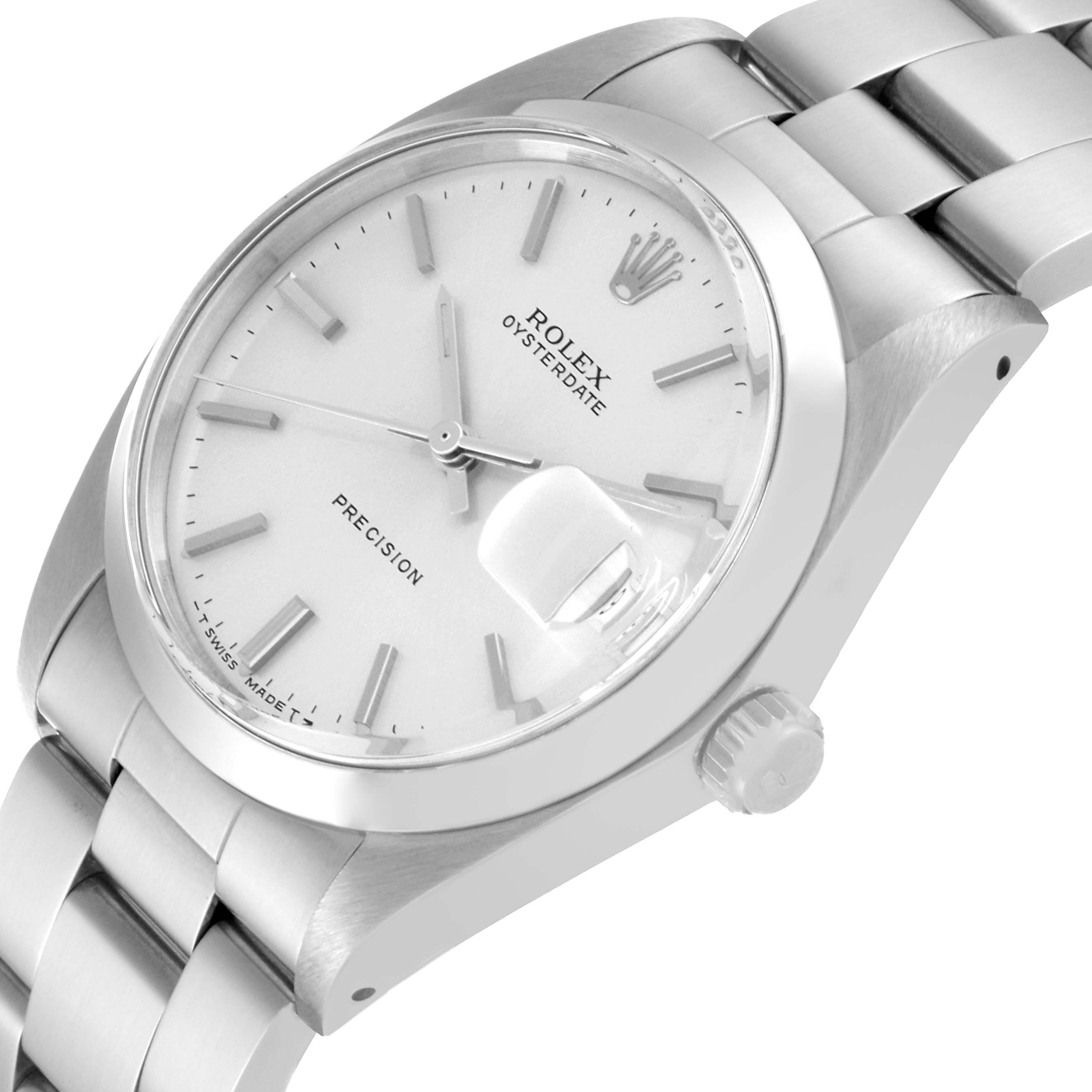 The image shows a tilted angle of the Rolex Oysterdate Precision Vintage Collection watch, highlighting the dial, case, and bracelet.