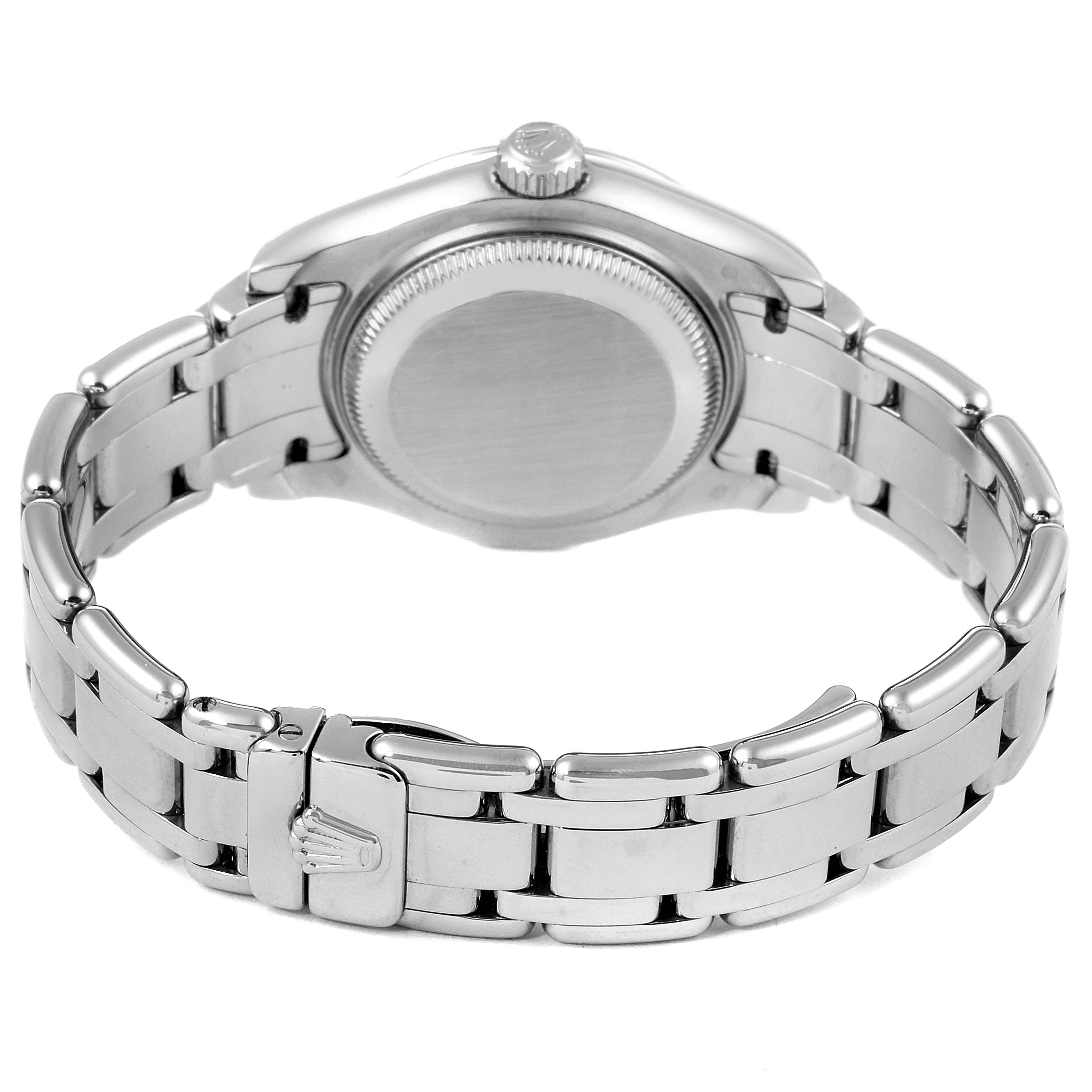 This image shows the back view of the Rolex Pearlmaster 69359 Women's White Gold Mother of Pearl Dial 69359 Women's White Gold Mother of Pearl Dial watch, highlighting the case back, bracelet, and clasp.