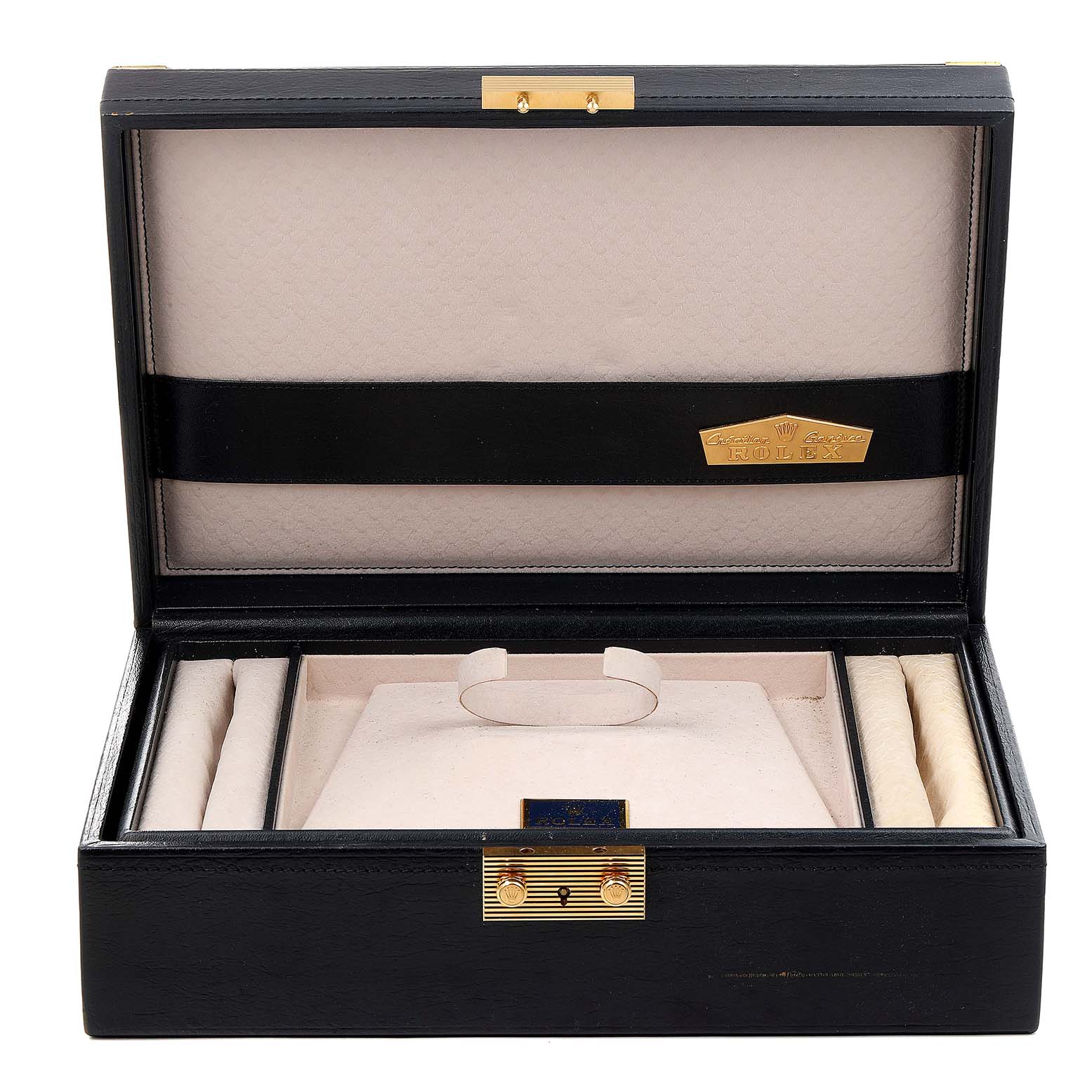 The image shows an open watch box for the Rolex Pearlmaster 69359 Women's White Gold Mother of Pearl Dial 69359 Women's White Gold Mother of Pearl Dial model, featuring compartments and a black exterior with a gold emblem inside.