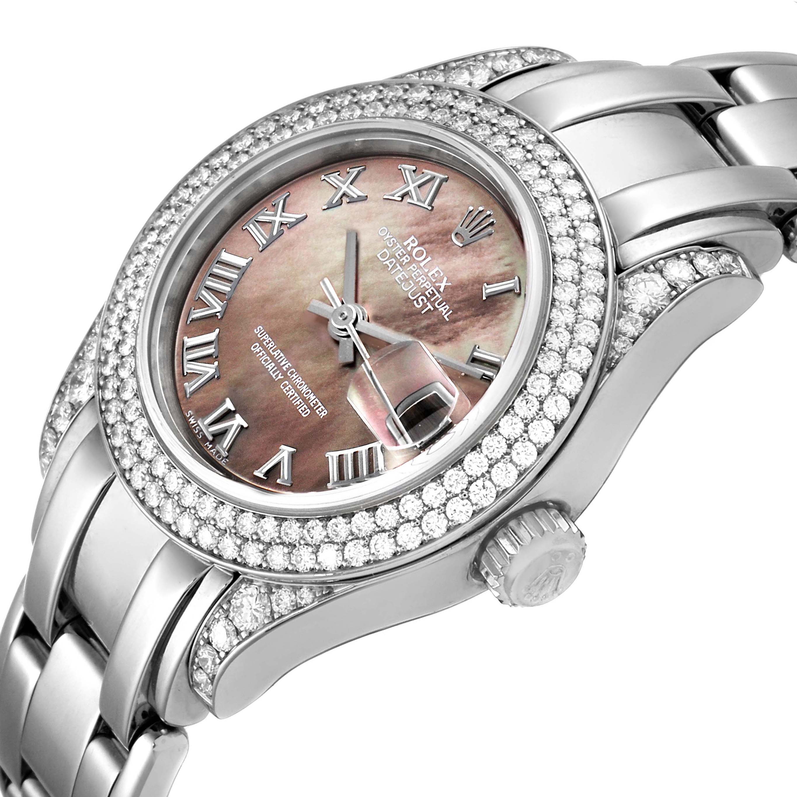 The Rolex Pearlmaster 69359 Women's White Gold Mother of Pearl Dial 69359 Women's White Gold Mother of Pearl Dial watch is shown at an angled side view, displaying the dial, bezel, and part of the bracelet.