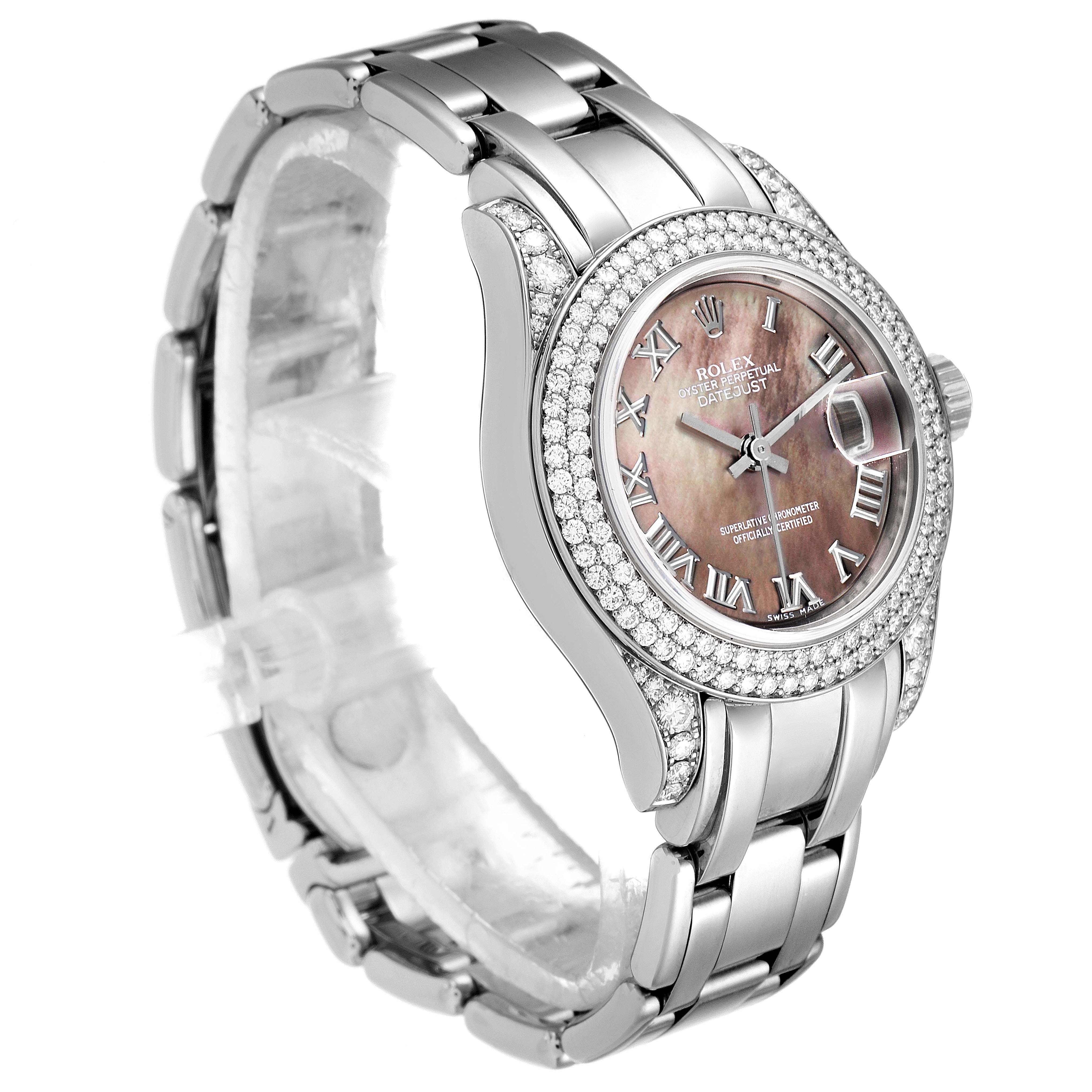 The Rolex Pearlmaster 69359 Women's White Gold Mother of Pearl Dial 69359 Women's White Gold Mother of Pearl Dial watch is shown at a slight angle, featuring its diamond bezel and linked bracelet.