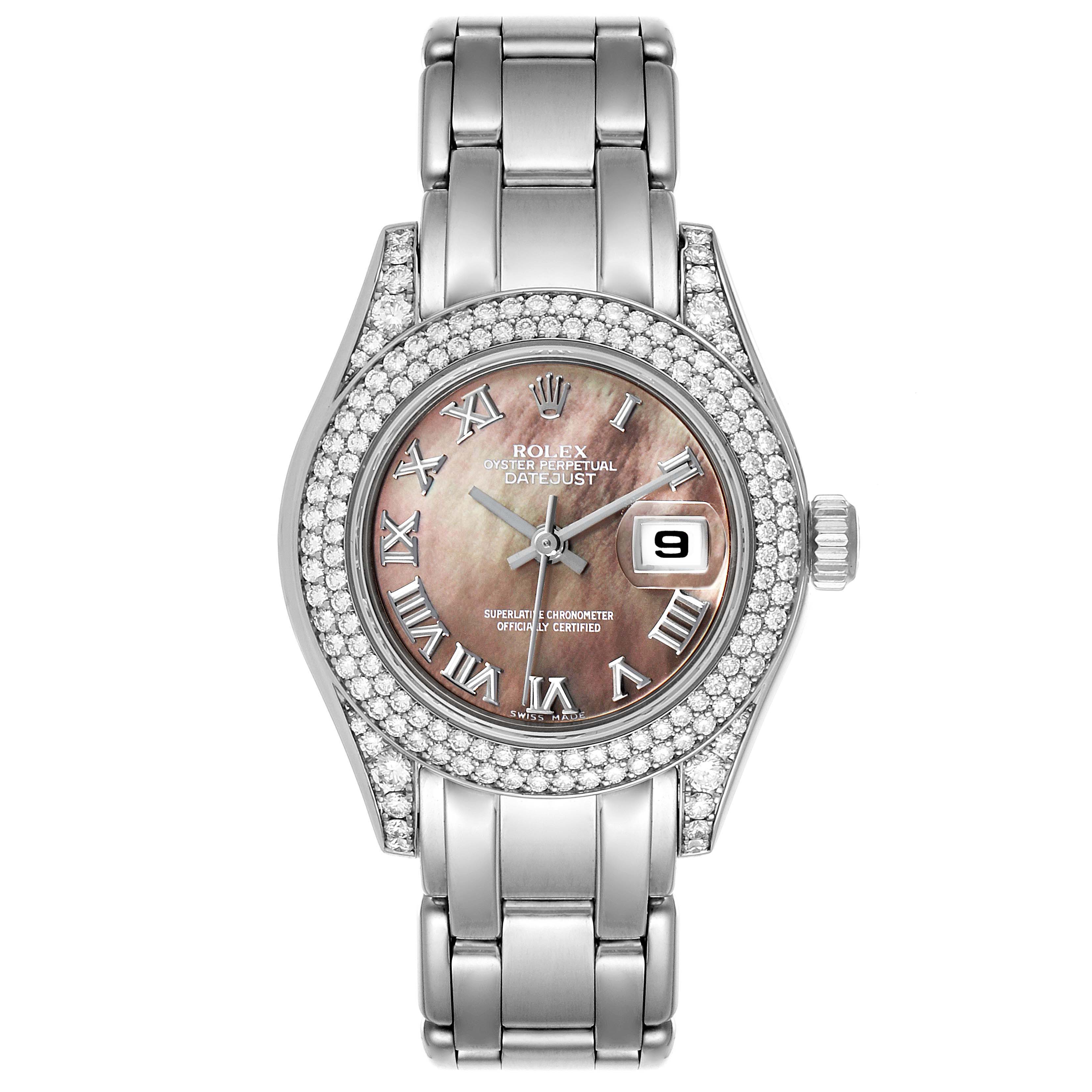 The image shows a frontal view of the Rolex Pearlmaster 69359 Women's White Gold Mother of Pearl Dial 69359 Women's White Gold Mother of Pearl Dial watch, highlighting its dial, bezel, and bracelet.