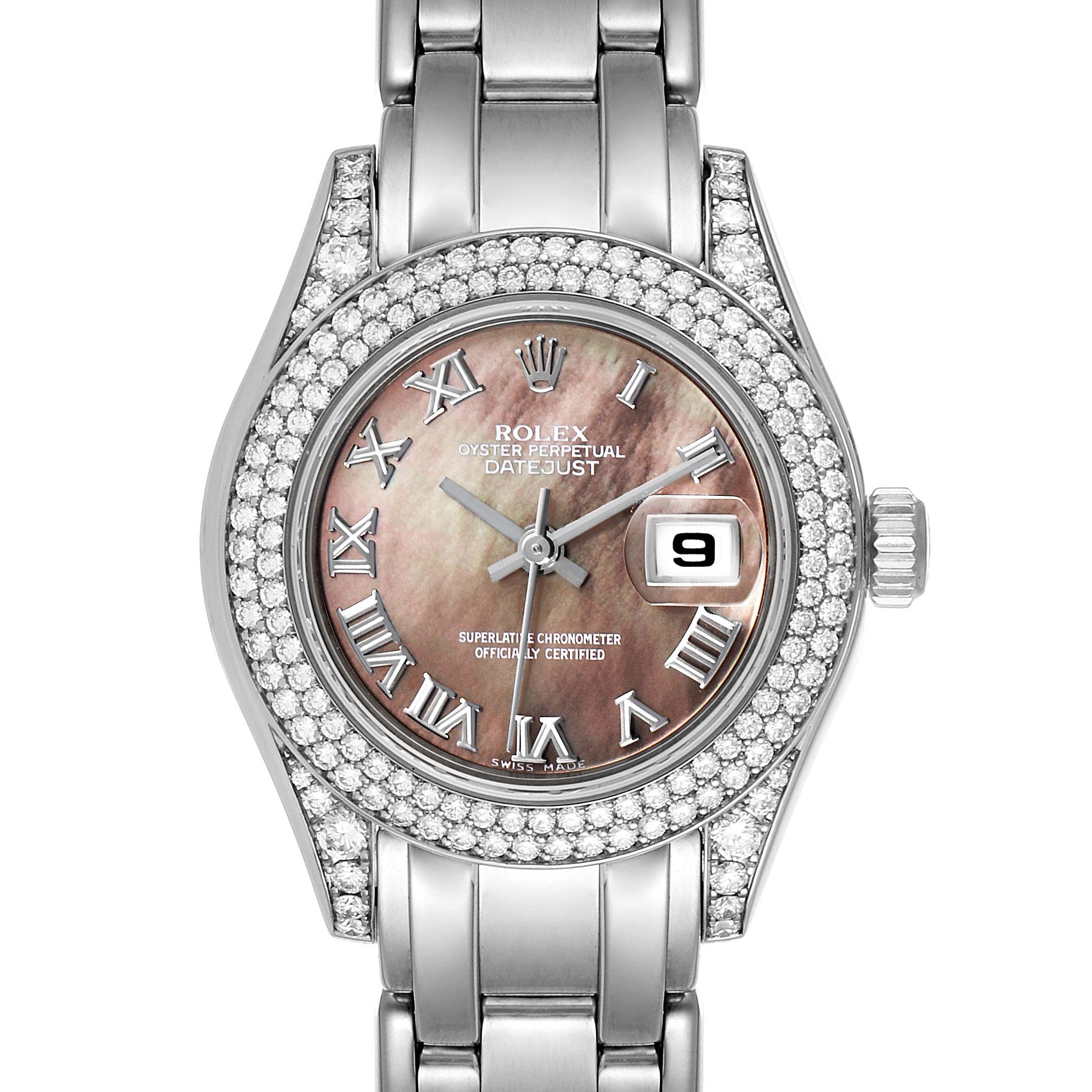 This image shows a front angle of the Rolex Pearlmaster 69359 Women's White Gold Mother of Pearl Dial 69359 Women's White Gold Mother of Pearl Dial watch, featuring its face, bezel, and part of the bracelet.