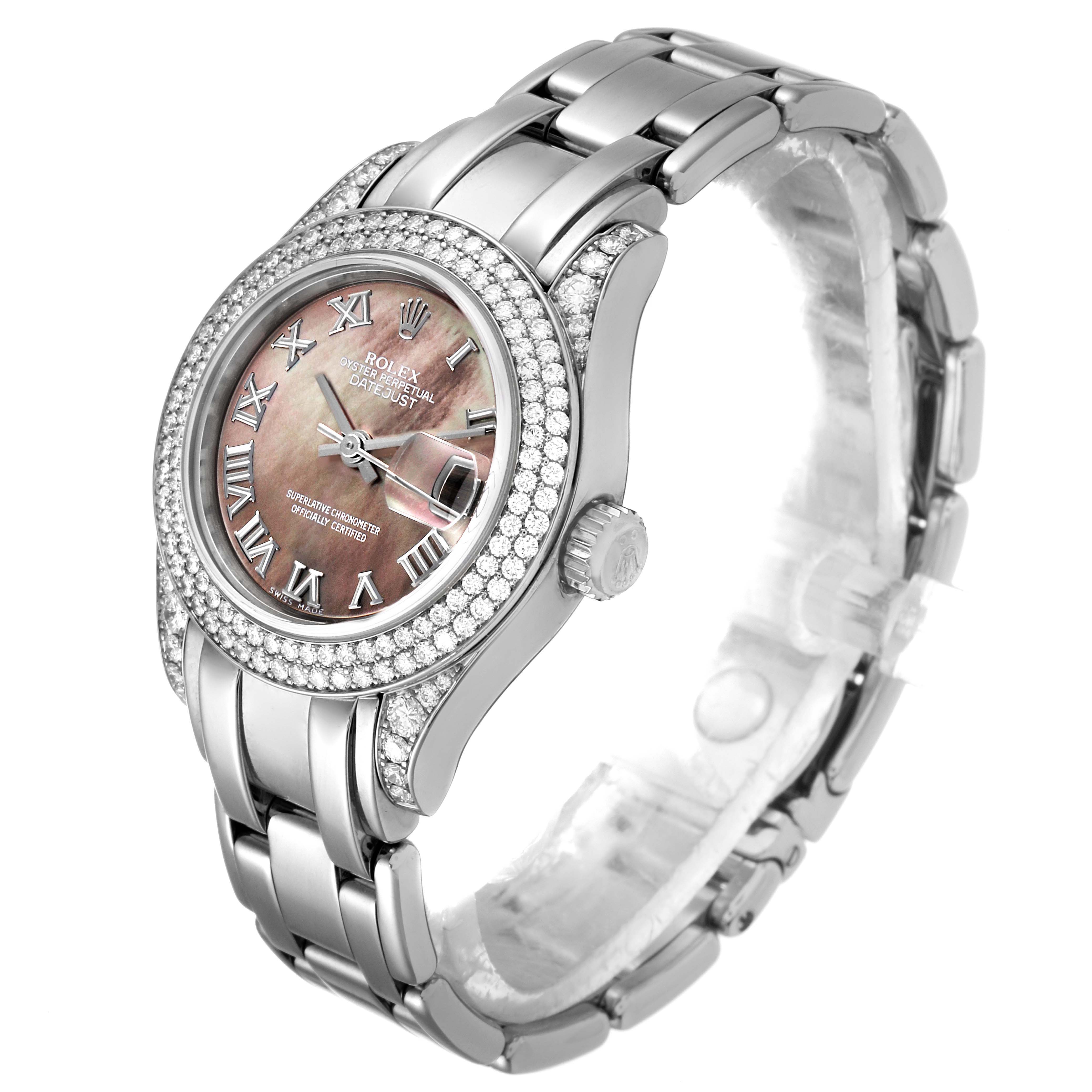 The image shows a Rolex Pearlmaster 69359 Women's White Gold Mother of Pearl Dial 69359 Women's White Gold Mother of Pearl Dial watch at an angled view, highlighting the dial, bezel, and part of the bracelet.