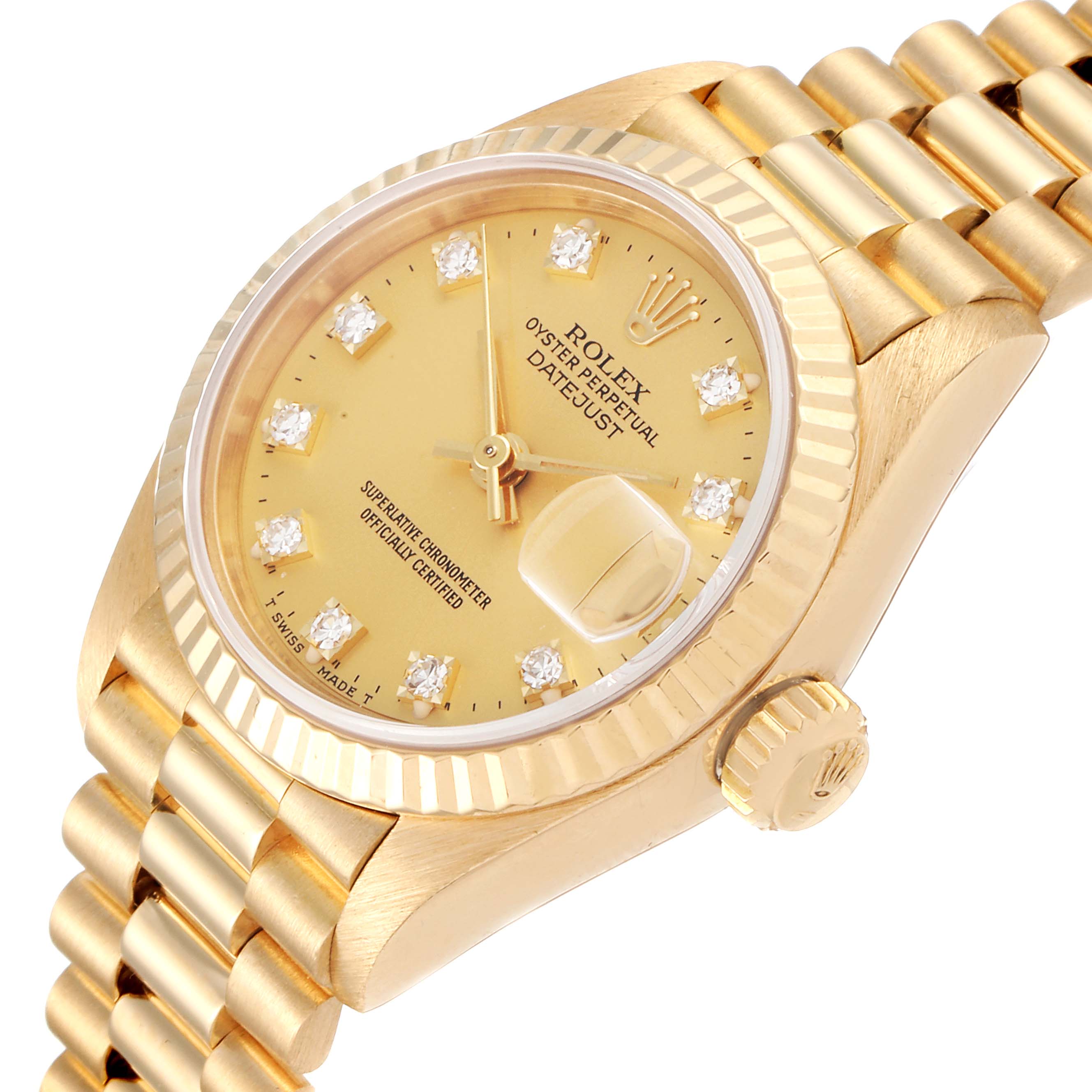 This image shows a close-up, angled view of the dial, crown, and bracelet of a Rolex President 69178 Women
s Yellow Gold Champagne Dial 69178 Women
s Yellow Gold Champagne Dial model watch.
