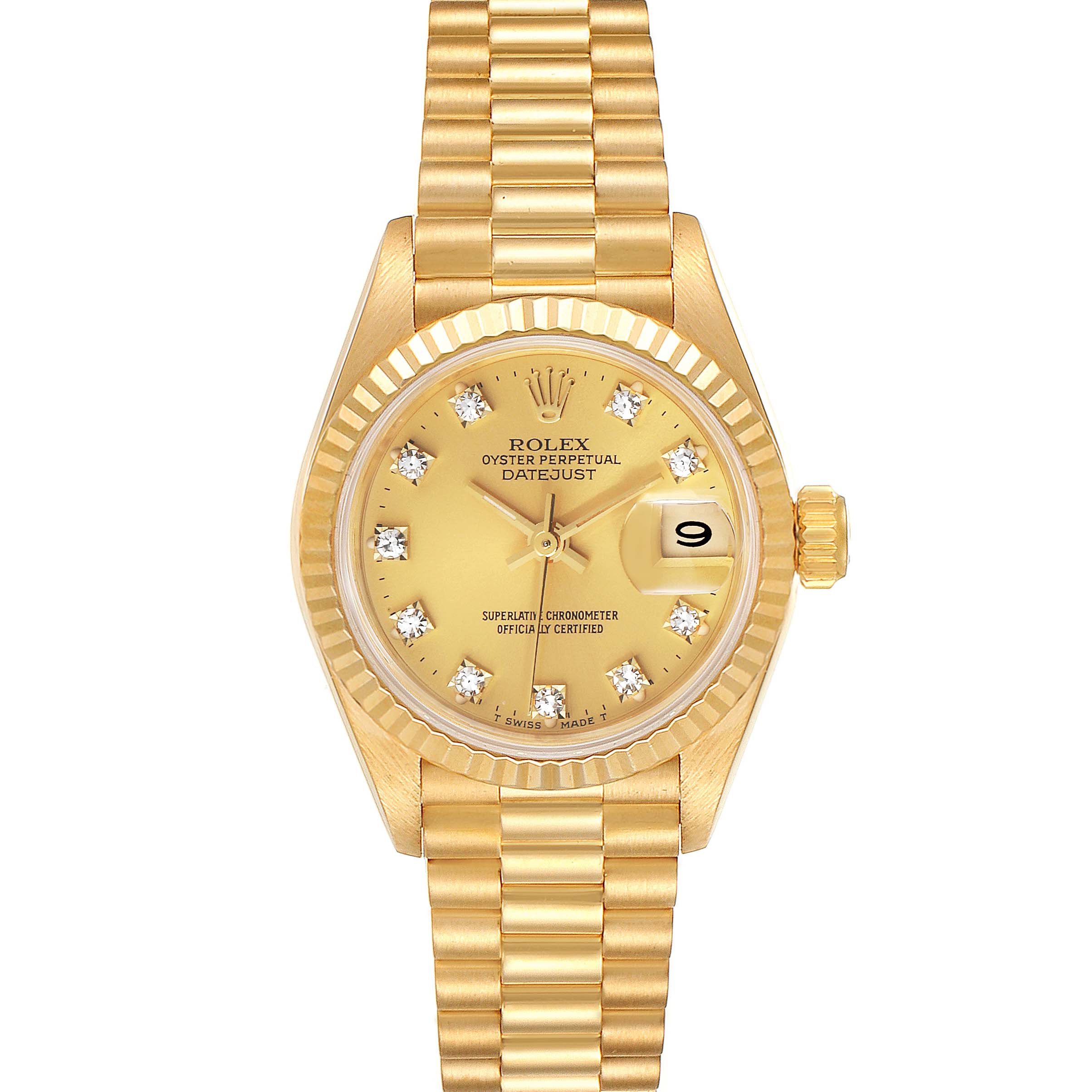 The image shows a front view of a Rolex President 69178 Women
s Yellow Gold Champagne Dial 69178 Women
s Yellow Gold Champagne Dial watch, highlighting its gold dial, diamond markers, fluted bezel, and President bracelet.