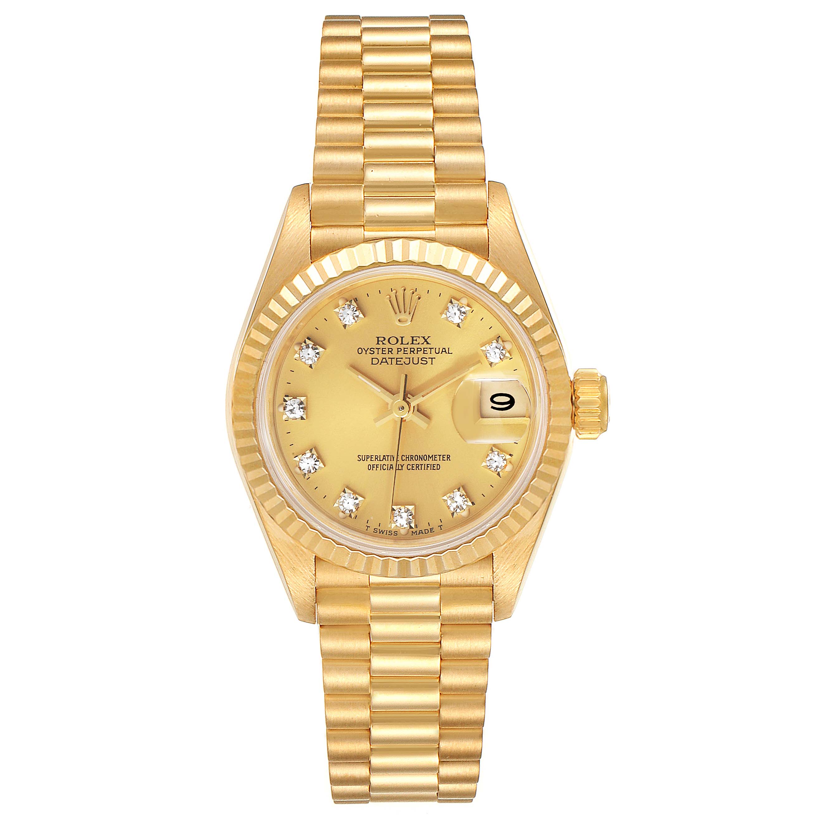 The image shows a front view of a Rolex President 69178 Women
s Yellow Gold Champagne Dial 69178 Women
s Yellow Gold Champagne Dial model watch, including its gold bracelet, dial, and date display.