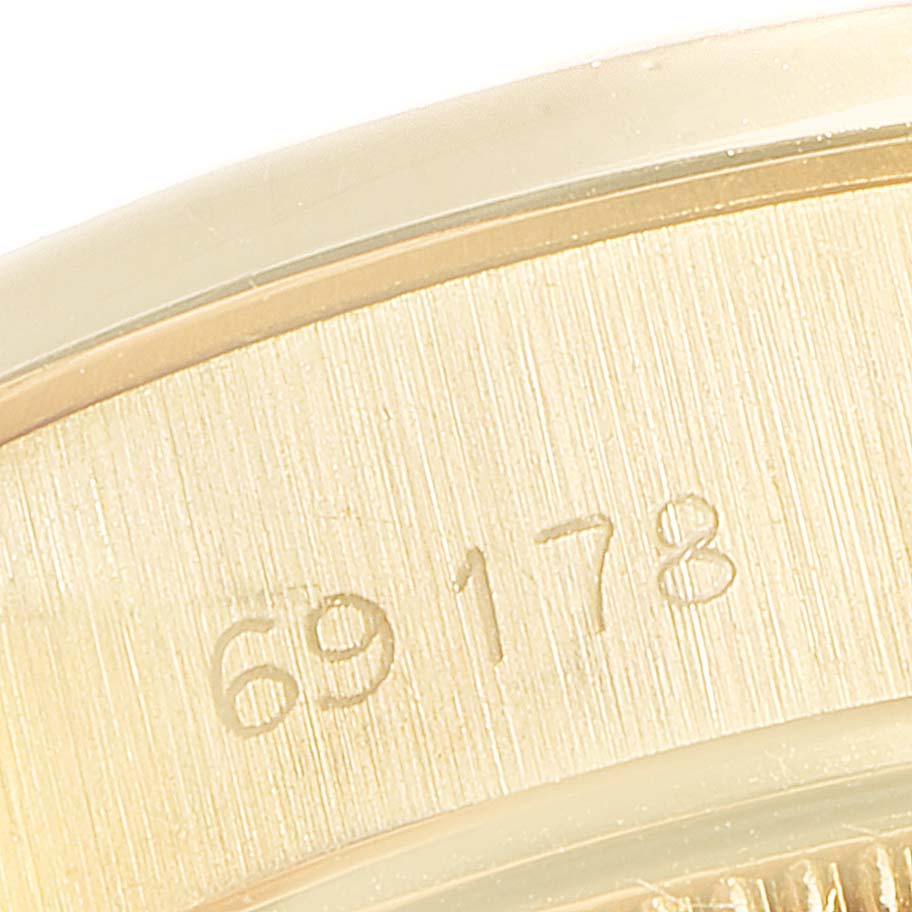 The close-up image shows the engraved model number "69178" on the side of the Rolex President 69178 Women
s Yellow Gold Champagne Dial 69178 Women
s Yellow Gold Champagne Dial watch.