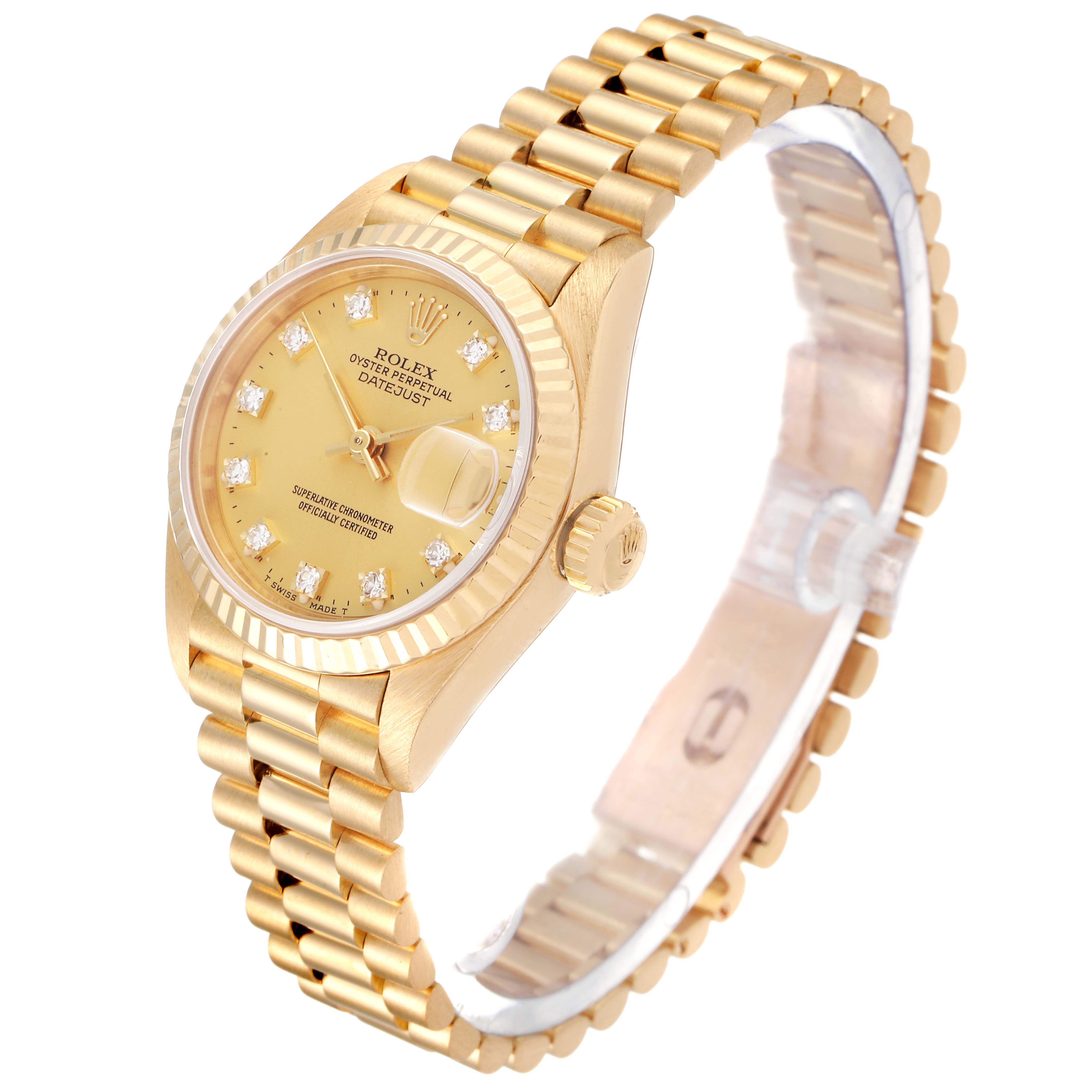 The image displays a golden Rolex President 69178 Women
s Yellow Gold Champagne Dial 69178 Women
s Yellow Gold Champagne Dial model watch at a slight angle, highlighting its bracelet, face, and crown.