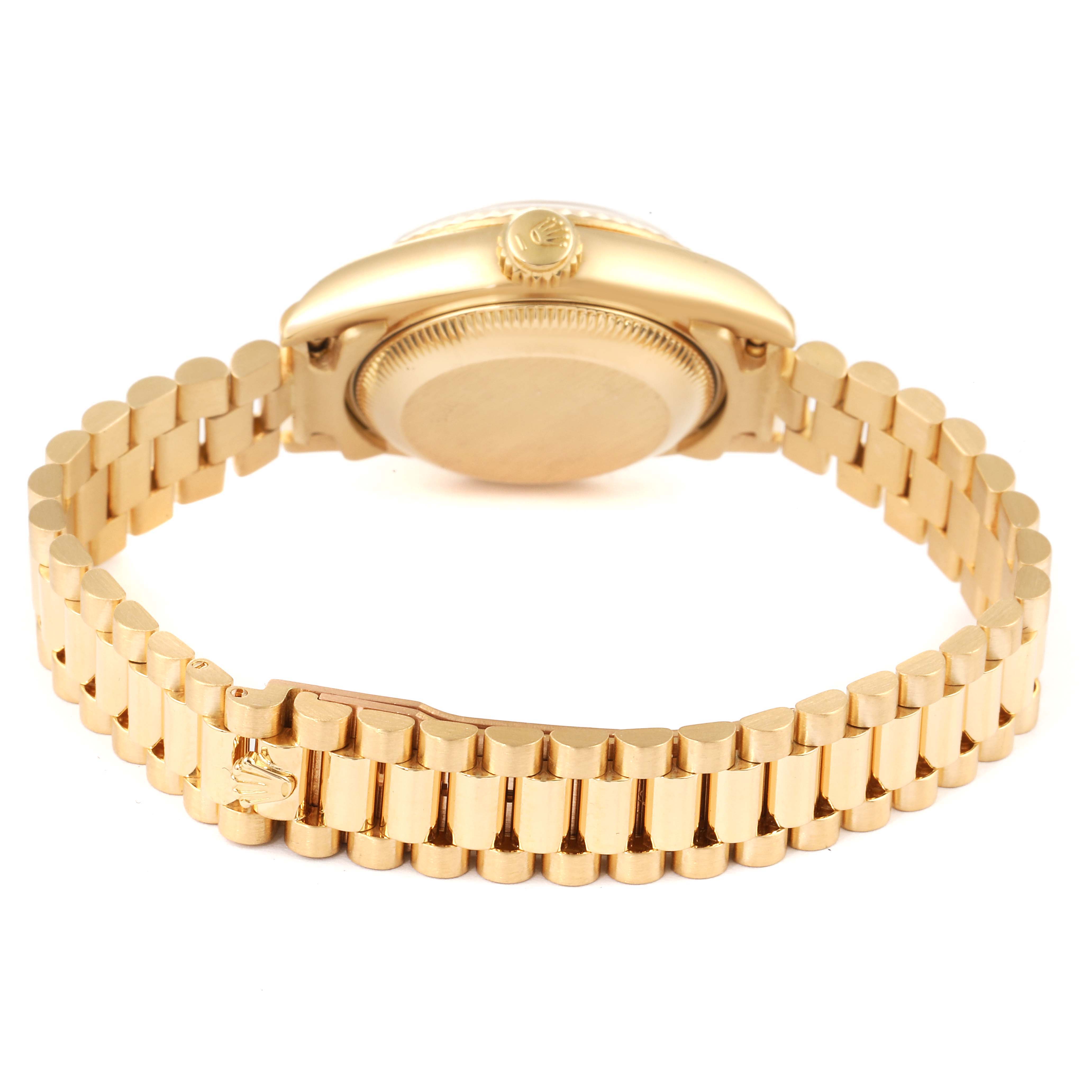 The image shows the case back and bracelet of a Rolex President 69178 Women
s Yellow Gold Champagne Dial 69178 Women
s Yellow Gold Champagne Dial model watch from a rear angle.