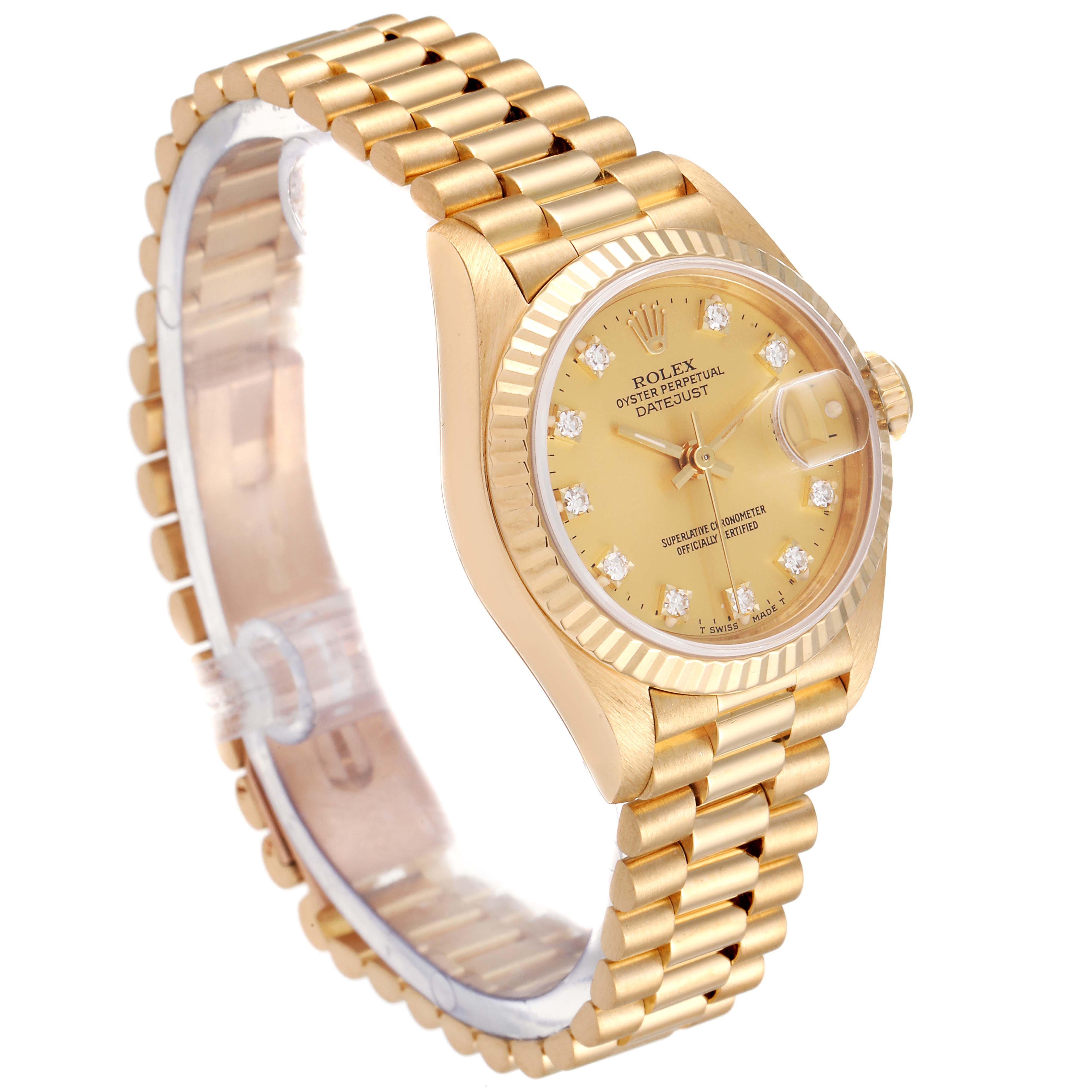 The image shows a side view angle highlighting the face, bezel, and bracelet of the Rolex President 69178 Women
s Yellow Gold Champagne Dial 69178 Women
s Yellow Gold Champagne Dial model watch.