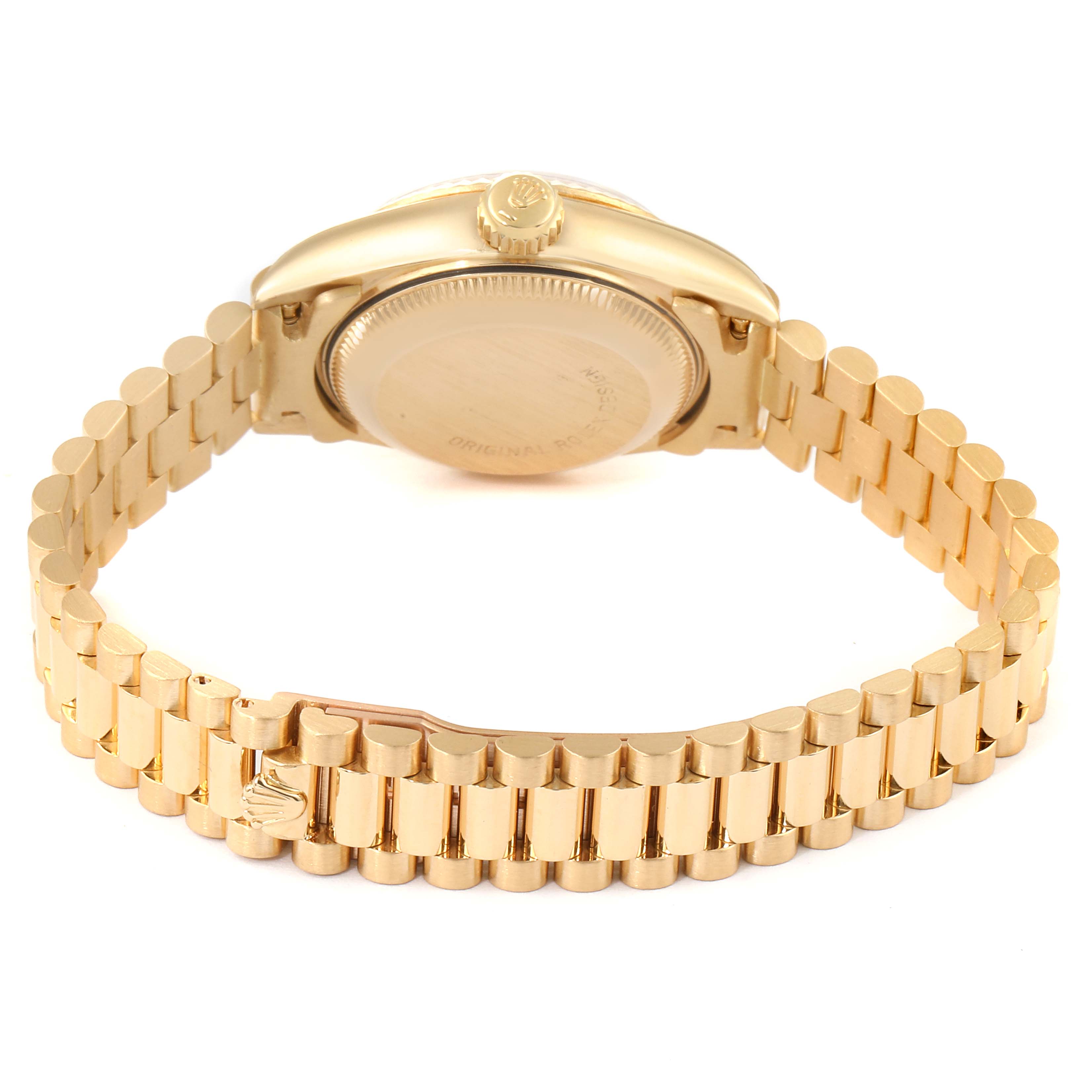 The image shows the back view of a Rolex President 69178 Women
s Yellow Gold Champagne Dial 69178 Women
s Yellow Gold Champagne Dial model watch, featuring its case back and bracelet.