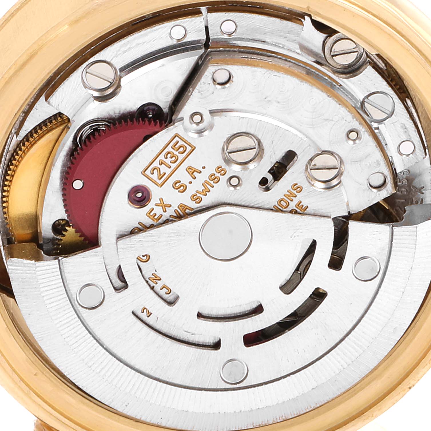 The image shows a close-up view of the inner mechanical movement of a Rolex President 69178 Women
s Yellow Gold Champagne Dial 69178 Women
s Yellow Gold Champagne Dial model.