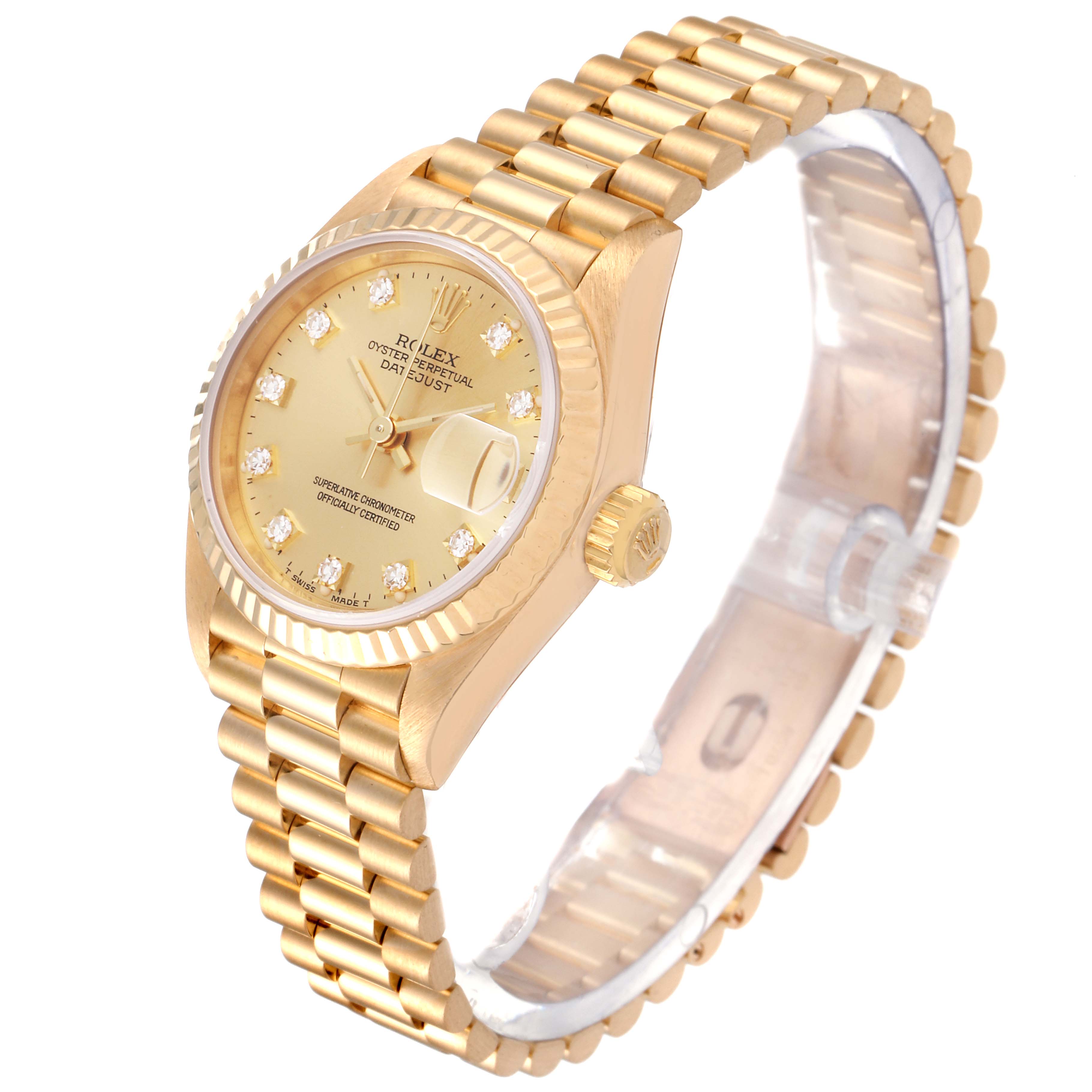 The Rolex President 69178 Women
s Yellow Gold Champagne Dial 69178 Women
s Yellow Gold Champagne Dial model watch is shown at a three-quarter angle, highlighting its gold face, fluted bezel, and link bracelet.