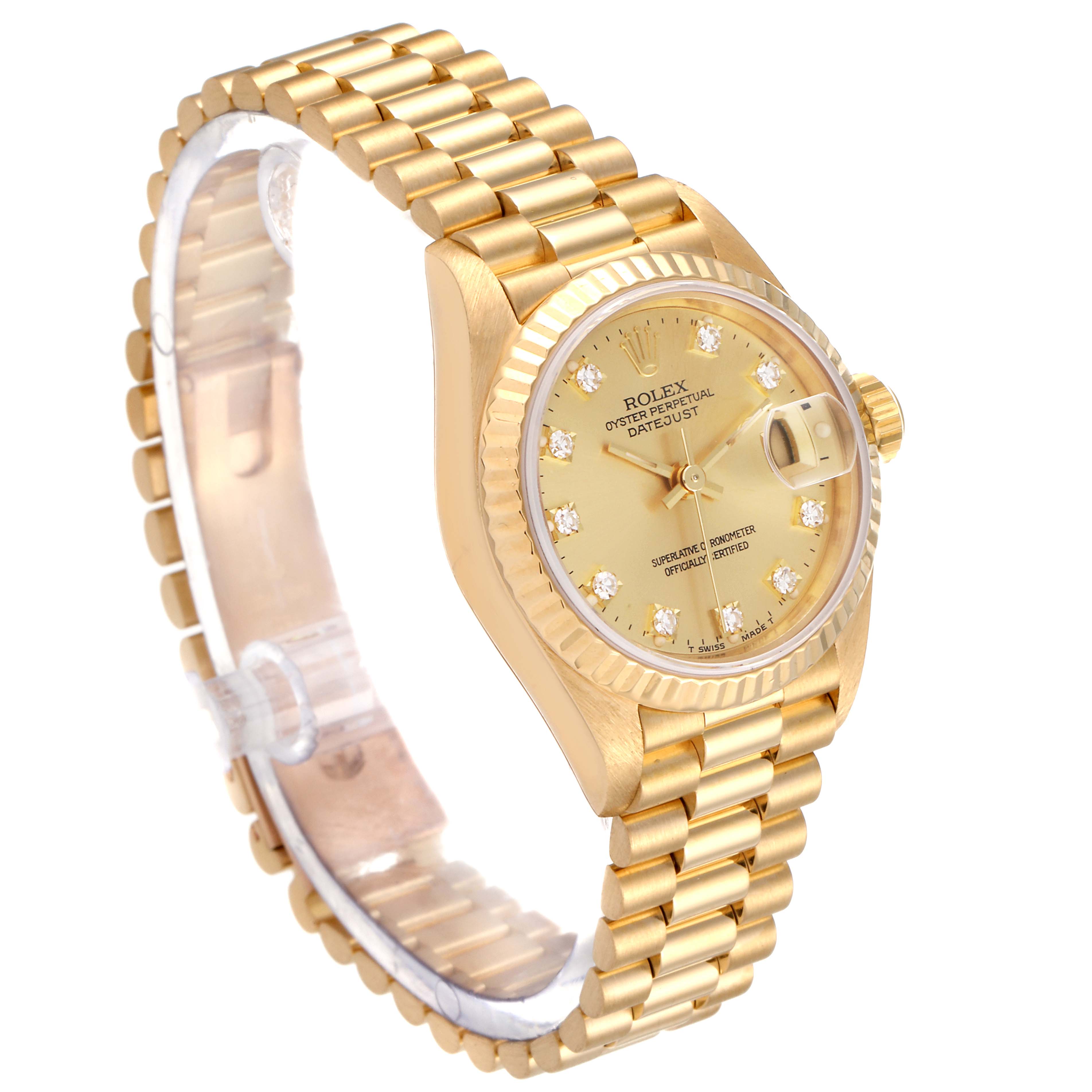 This image shows a Rolex President 69178 Women
s Yellow Gold Champagne Dial 69178 Women
s Yellow Gold Champagne Dial model watch at an angled side view, highlighting its gold bracelet, fluted bezel, and champagne dial.