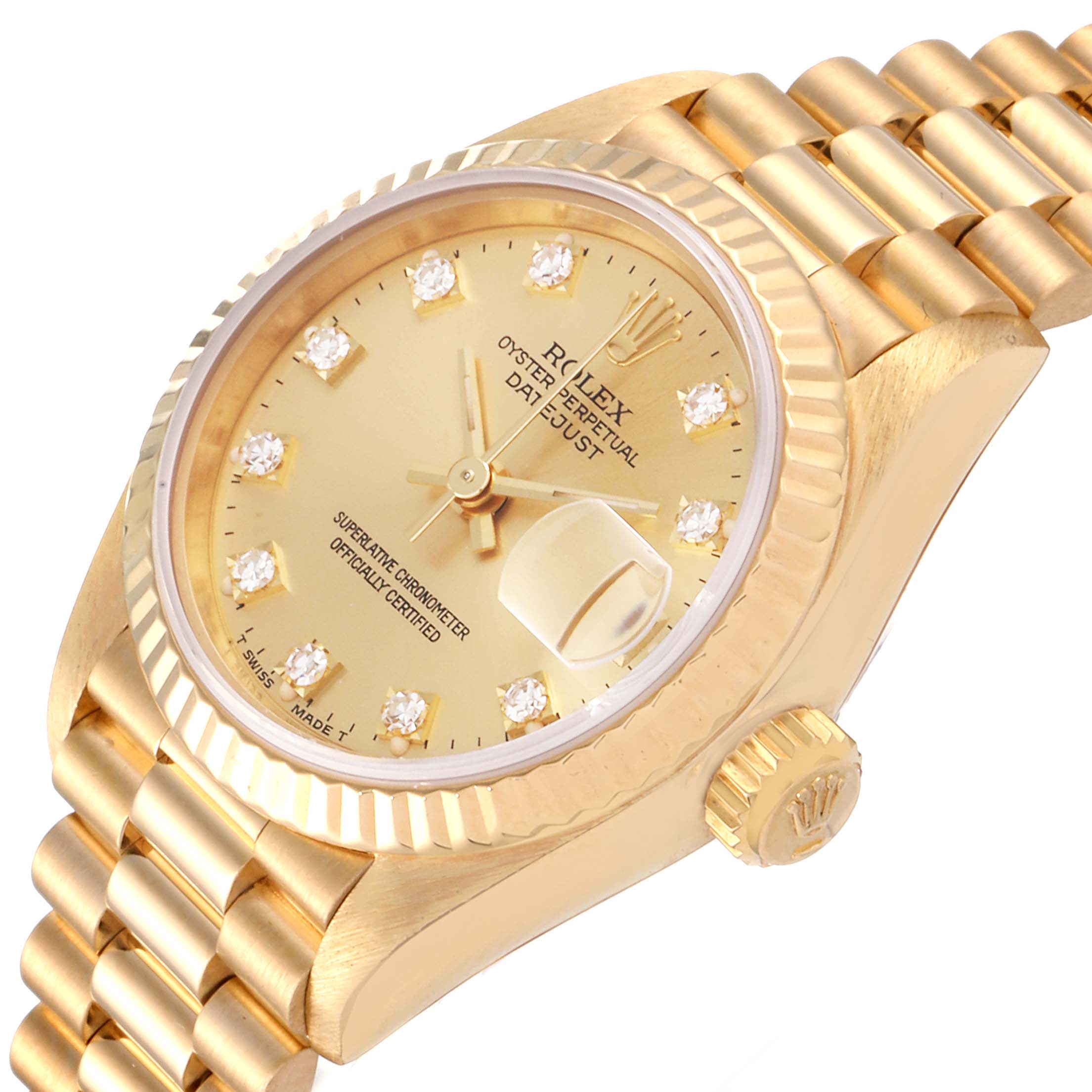 The image shows a tilted close-up view of the Rolex President 69178 Women
s Yellow Gold Champagne Dial 69178 Women
s Yellow Gold Champagne Dial model watch, highlighting its face, bezel, and part of the bracelet.