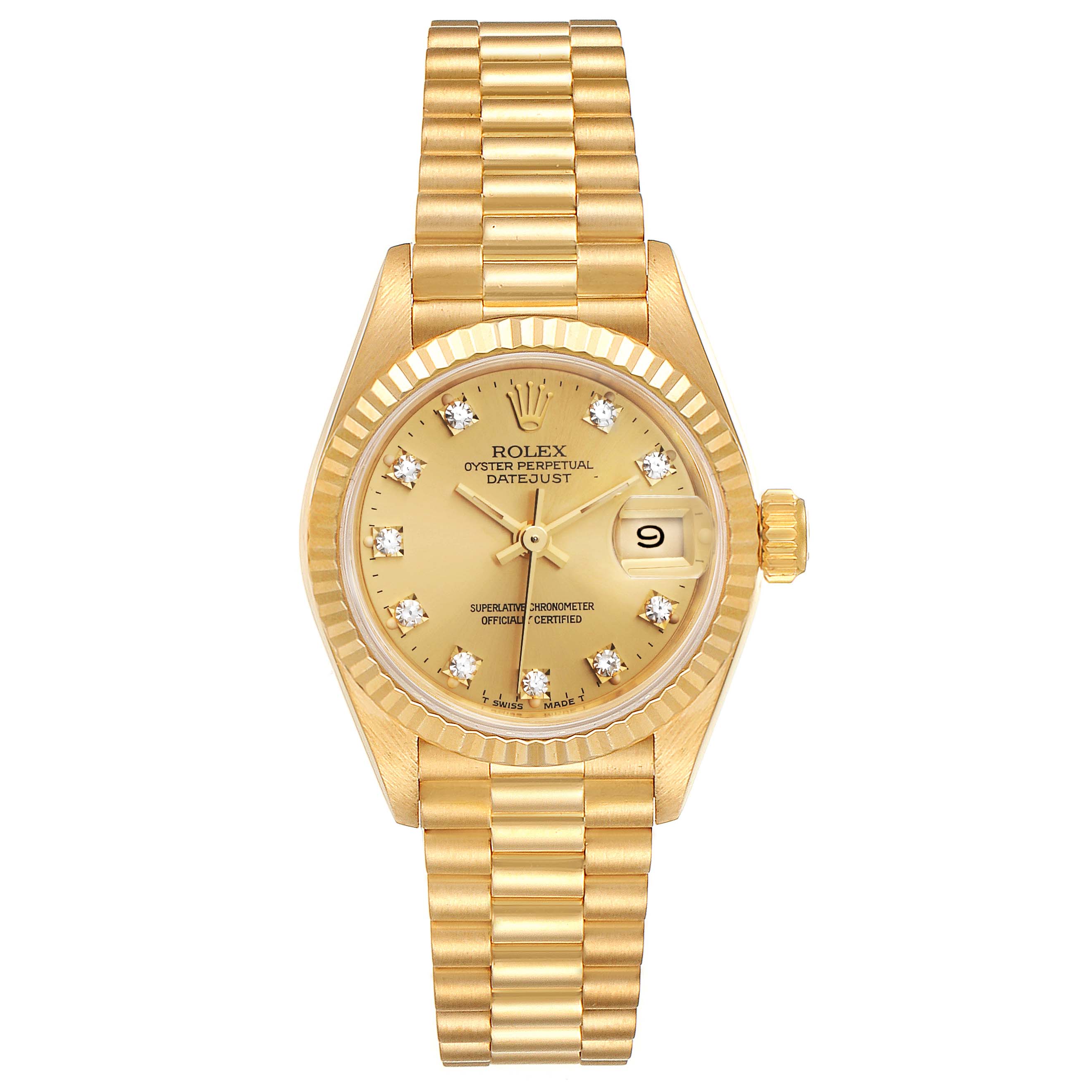 This image shows a front view of a Rolex President 69178 Women
s Yellow Gold Champagne Dial 69178 Women
s Yellow Gold Champagne Dial model watch, showcasing its dial, bracelet, and bezel.