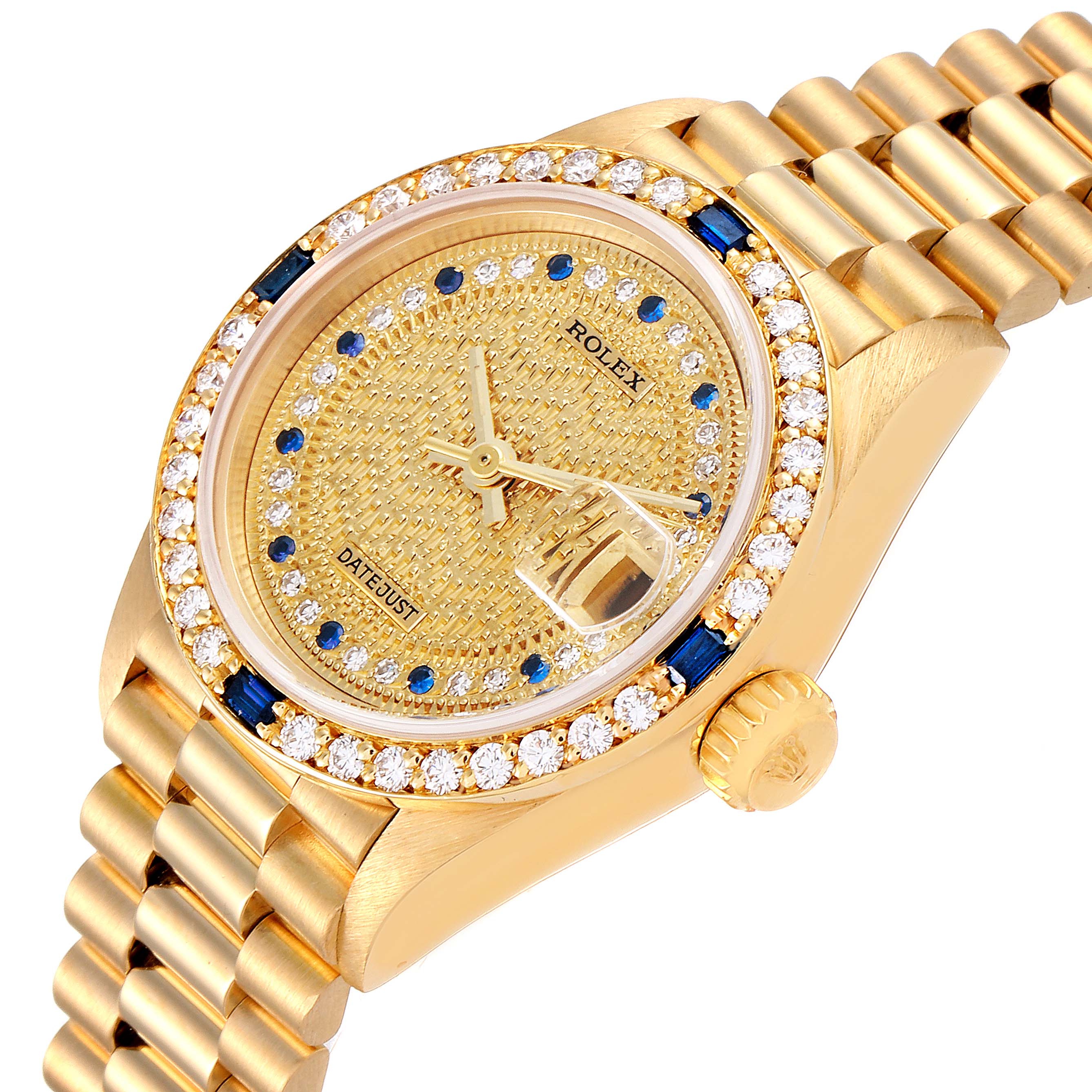 This image shows a Rolex President 69088 Women's Yellow Gold Champagne Dial 69088 Women's Yellow Gold Champagne Dial model watch at an angled view, highlighting its golden dial, diamond bezel, and presidential bracelet.
