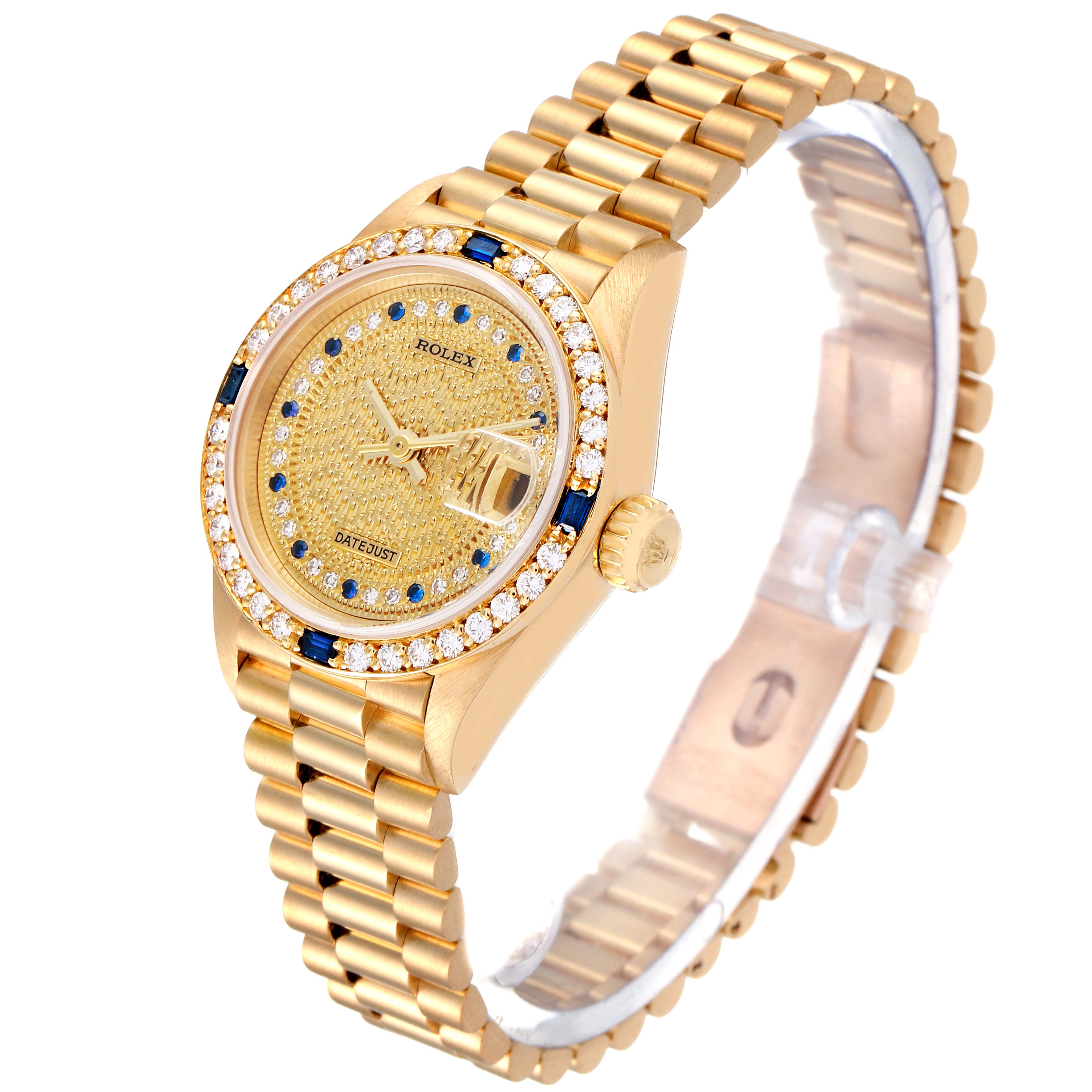 The Rolex President 69088 Women's Yellow Gold Champagne Dial 69088 Women's Yellow Gold Champagne Dial model watch is shown at a slight angled view, displaying the golden dial, diamond accents, and bracelet.