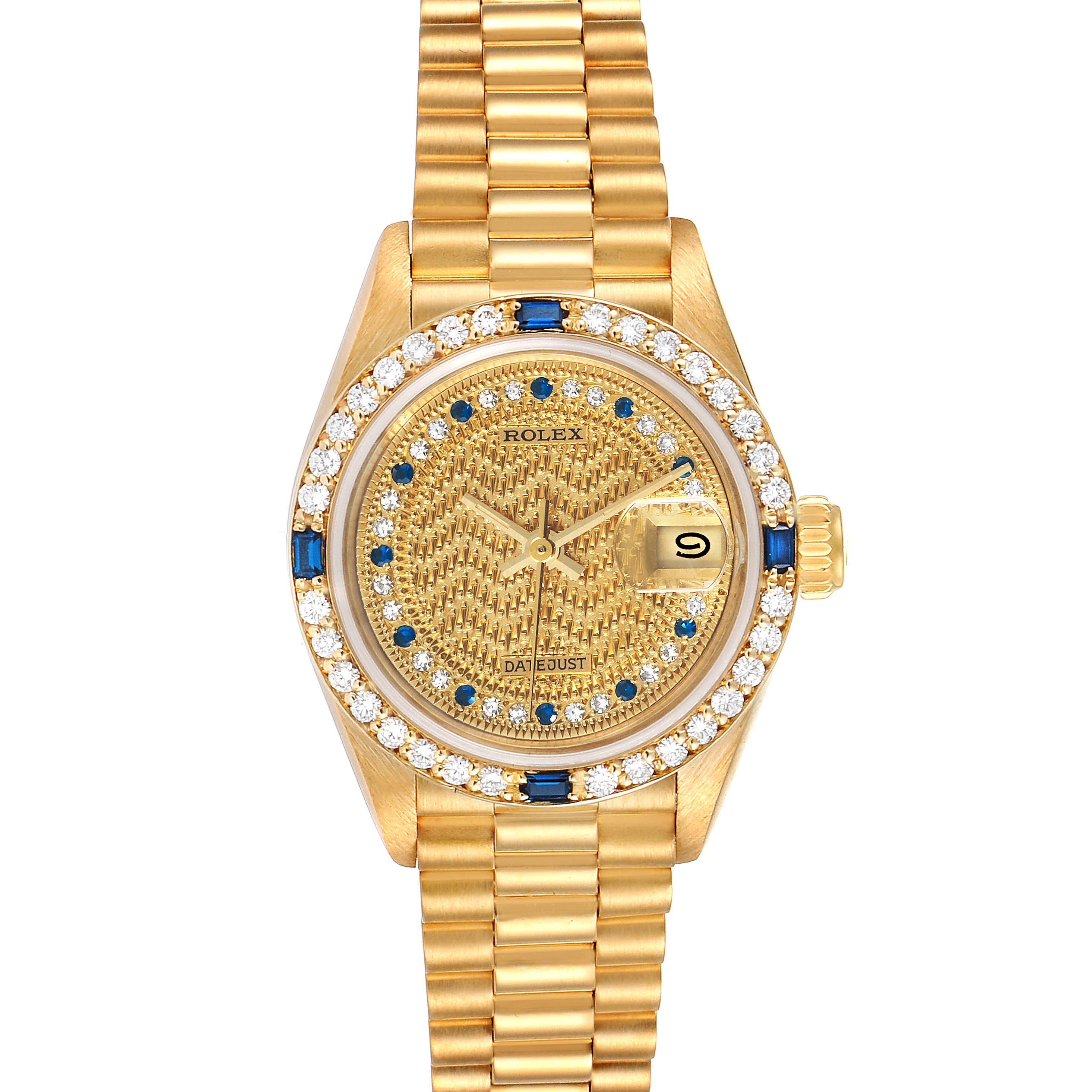 This Rolex President 69088 Women's Yellow Gold Champagne Dial 69088 Women's Yellow Gold Champagne Dial model watch is shown from a top-down angle, displaying the face, bezel, and part of the bracelet.