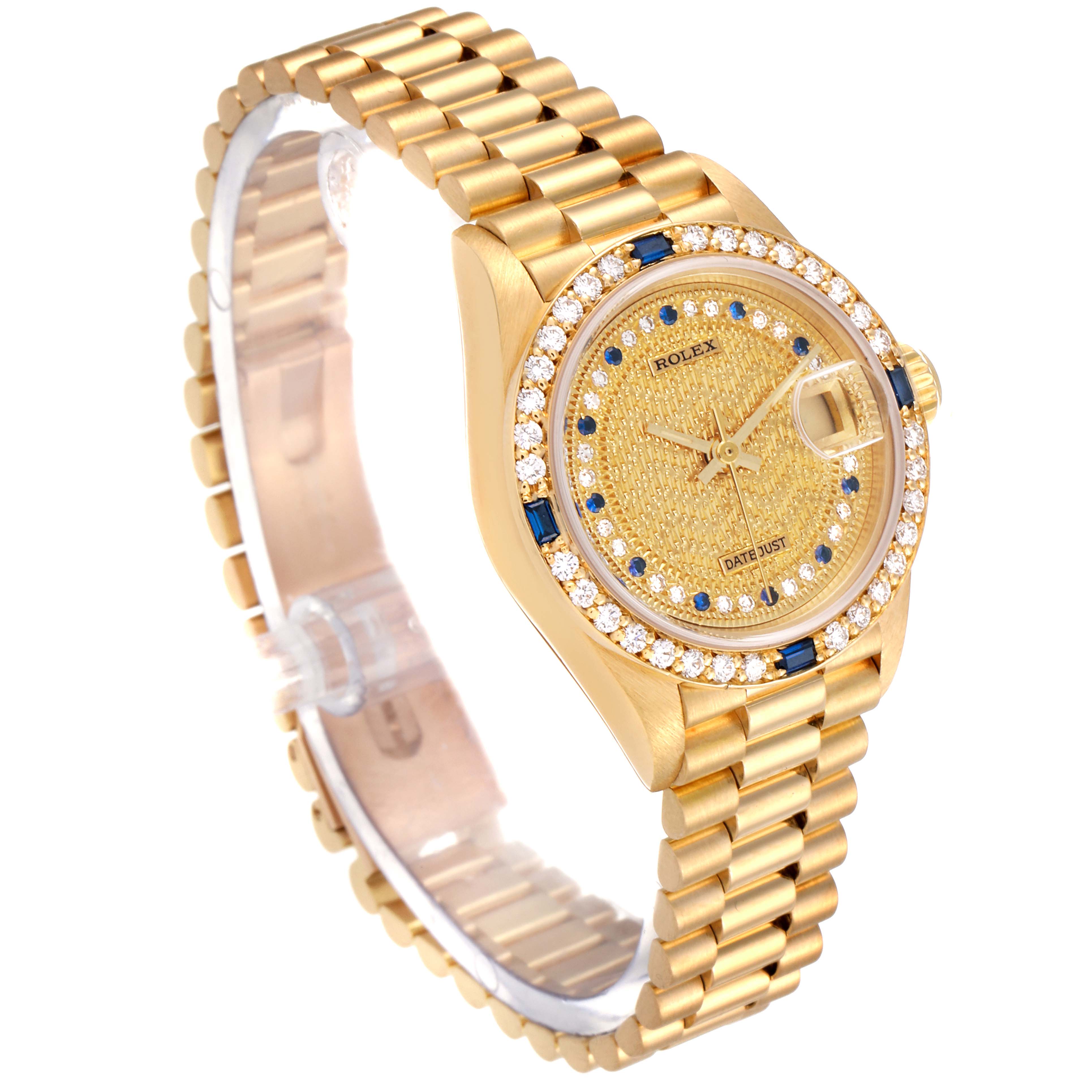 The Rolex President 69088 Women's Yellow Gold Champagne Dial 69088 Women's Yellow Gold Champagne Dial model watch is shown at a three-quarter angle, highlighting its bracelet, bezel, and luxurious gold dial.
